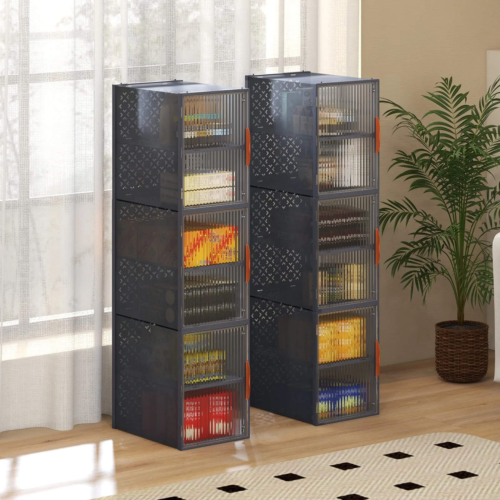 6 Pack 12-Grids Plastic Stackable Shoe Storage Boxes with Clear Magnetic Doors-Grey