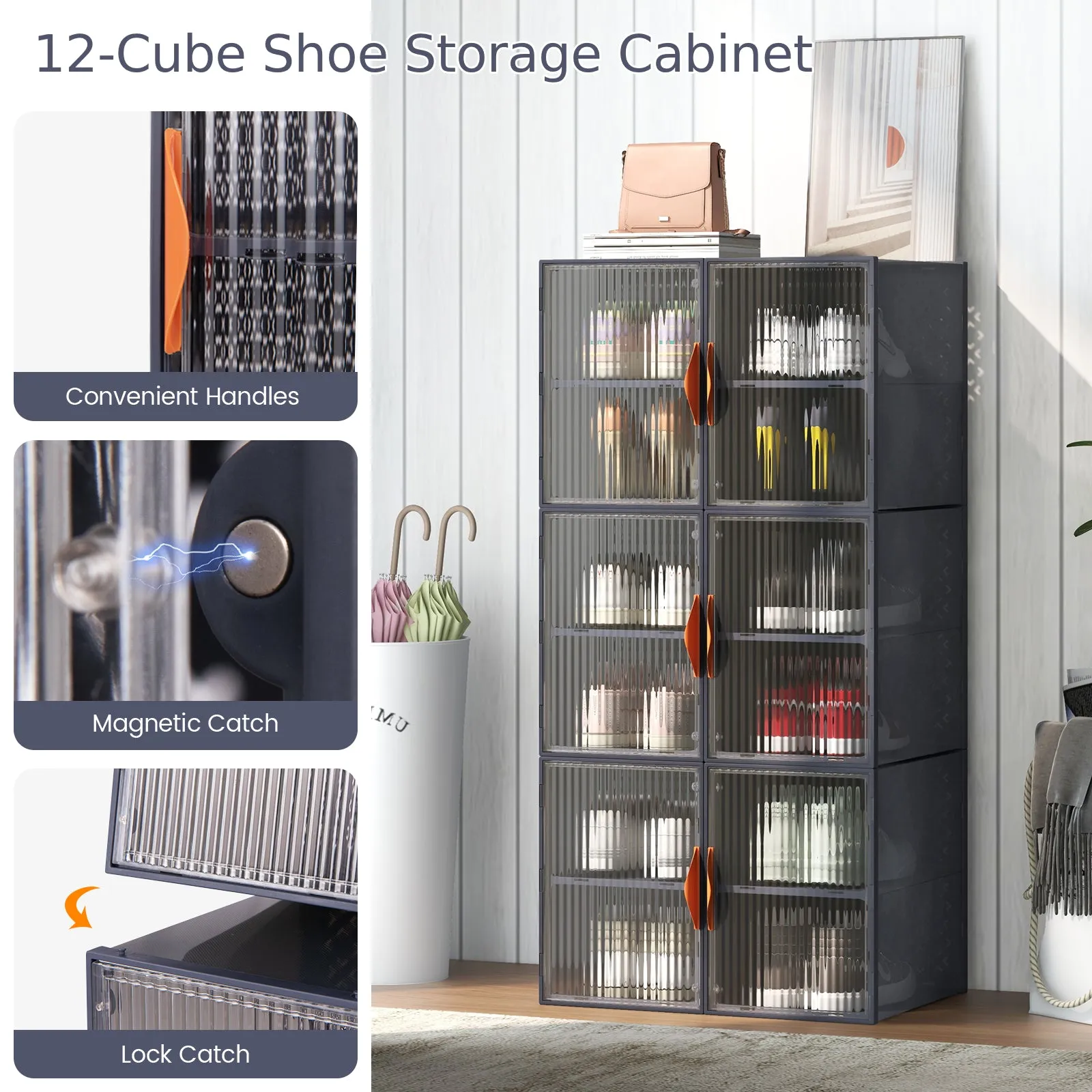 6 Pack 12-Grids Plastic Stackable Shoe Storage Boxes with Clear Magnetic Doors-Grey
