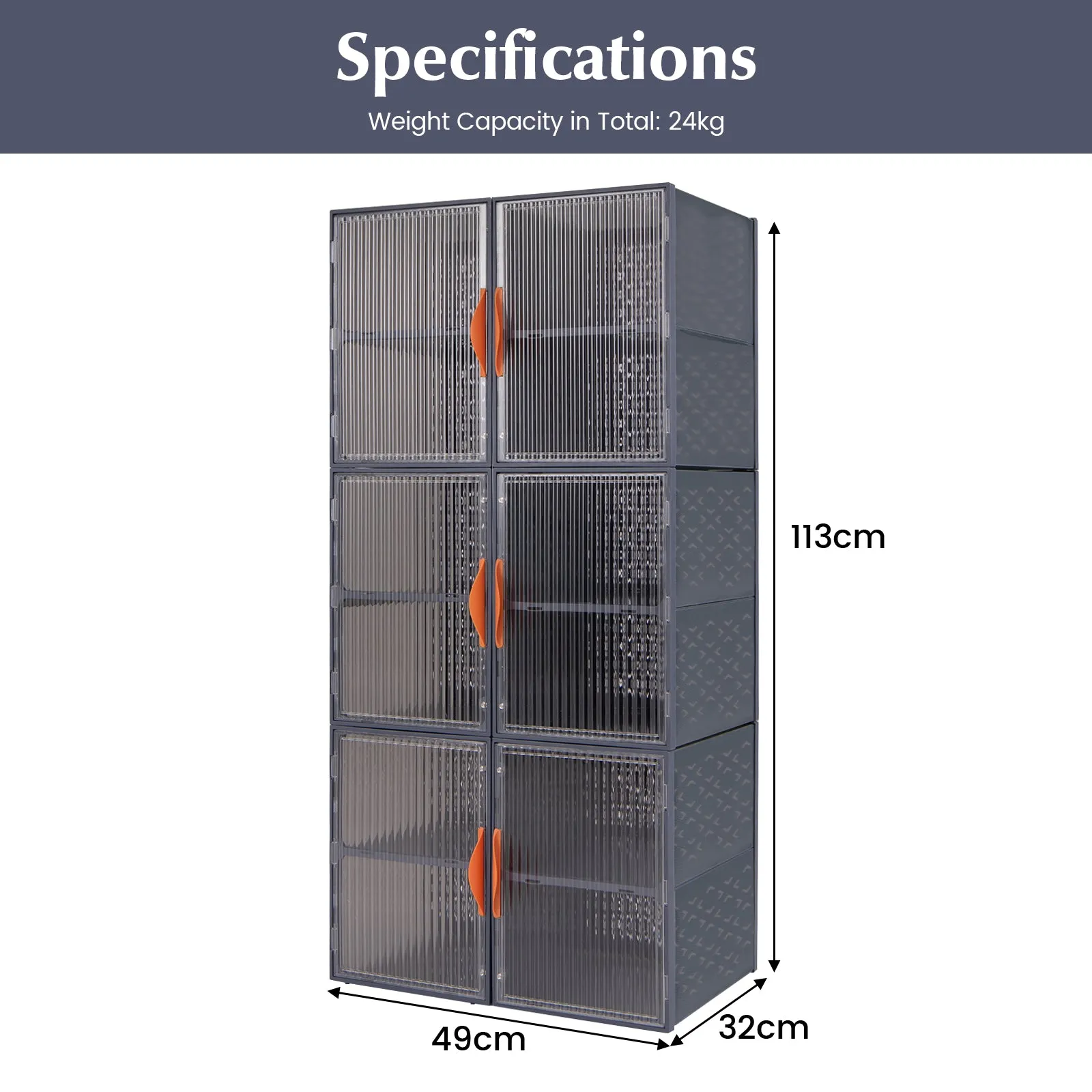 6 Pack 12-Grids Plastic Stackable Shoe Storage Boxes with Clear Magnetic Doors-Grey