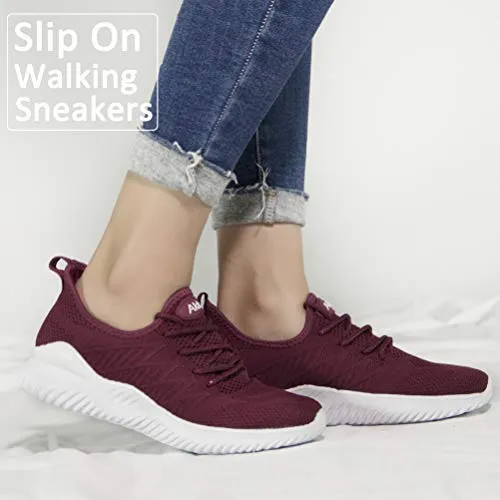 Akk Non Slip Walking Shoes for Women - Slip on Sneakers Lightweight Fashion Casual Tennis Shoes WineRed 10.5