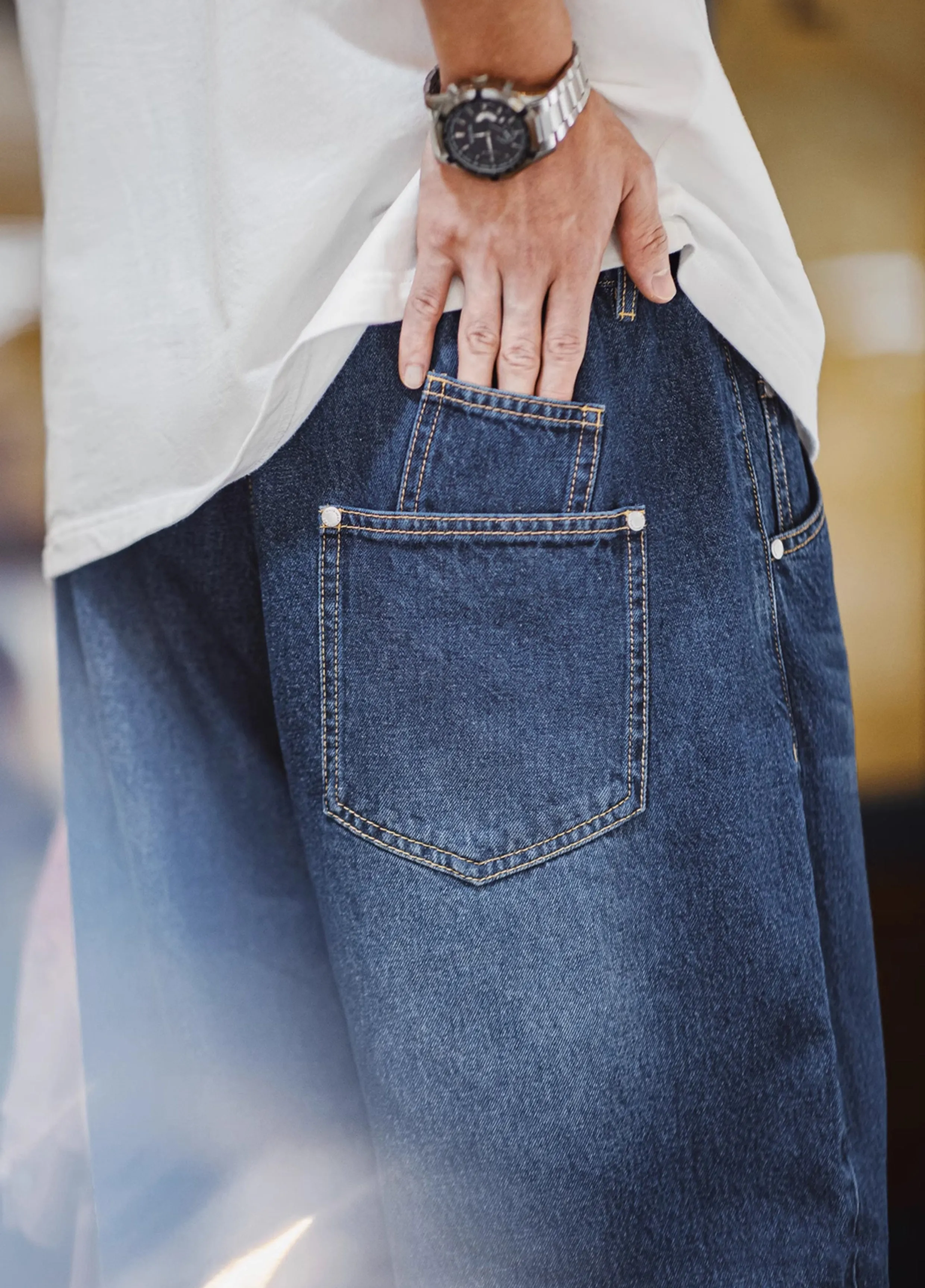 American Retro Washed Denim Oversize Cat Whisker Men's Jeans