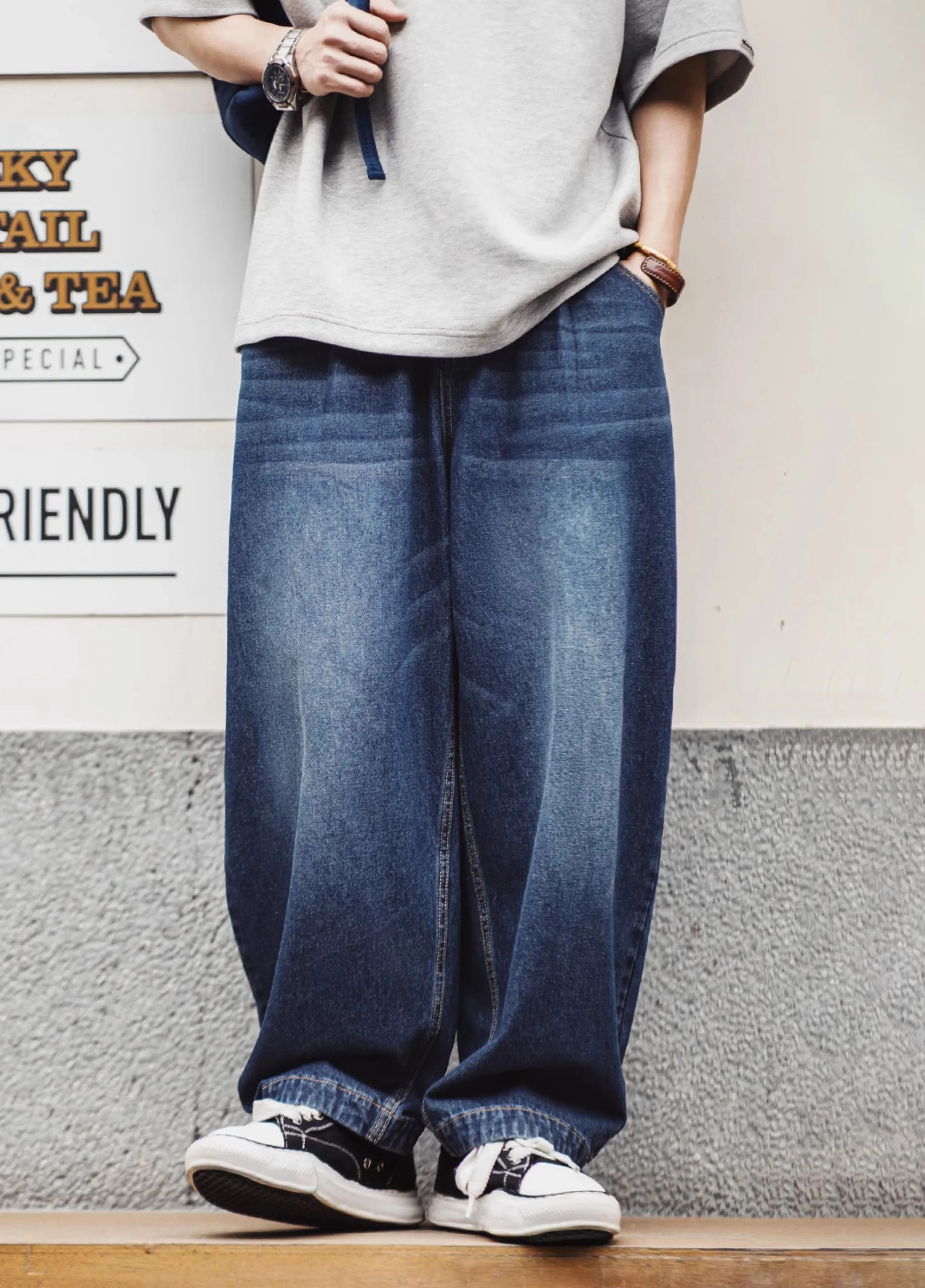 American Retro Washed Denim Oversize Cat Whisker Men's Jeans