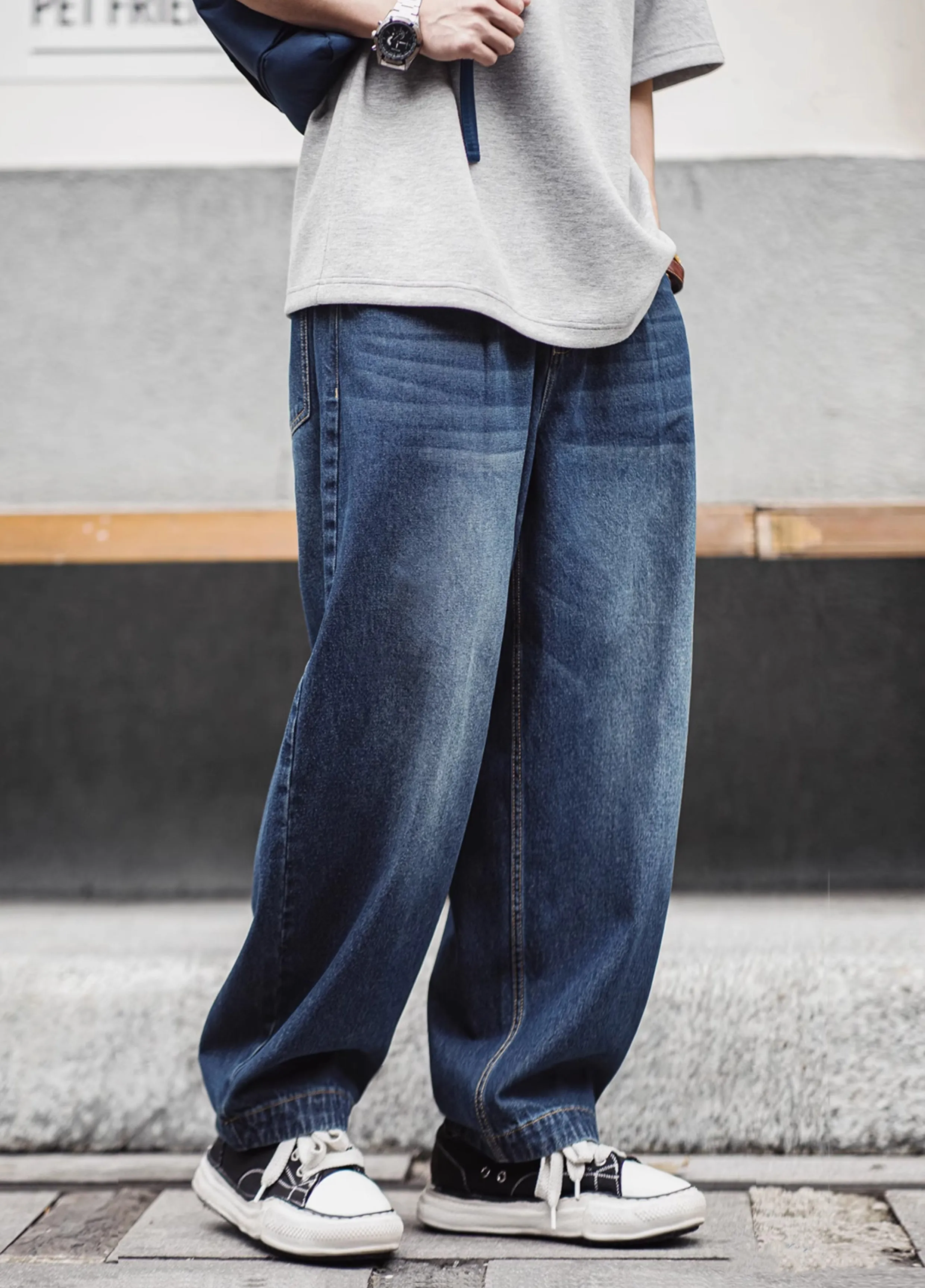 American Retro Washed Denim Oversize Cat Whisker Men's Jeans