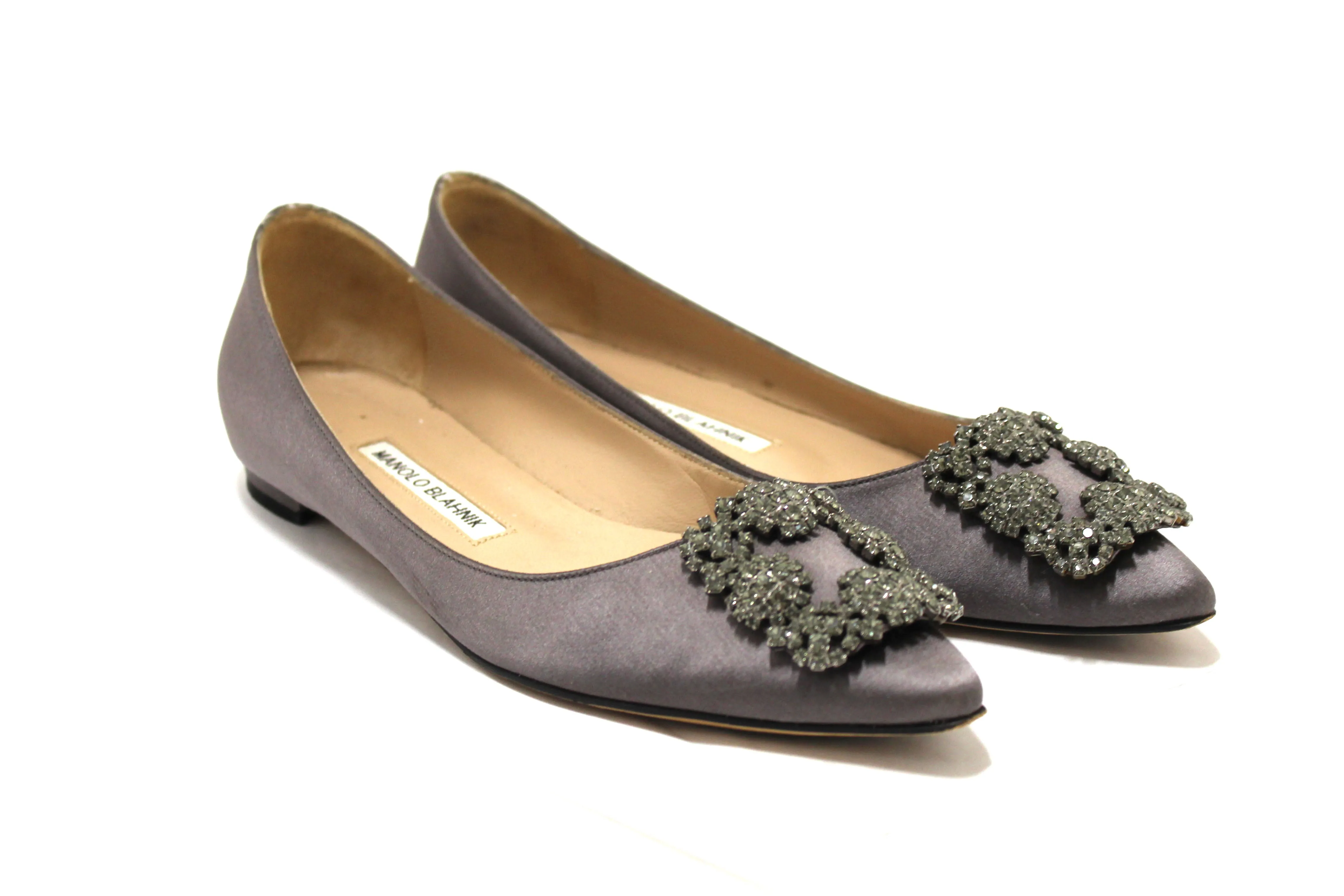 Authentic Manolo Blahnik Silver Satin Crystal Buckle Flats Shoes Size 37.5