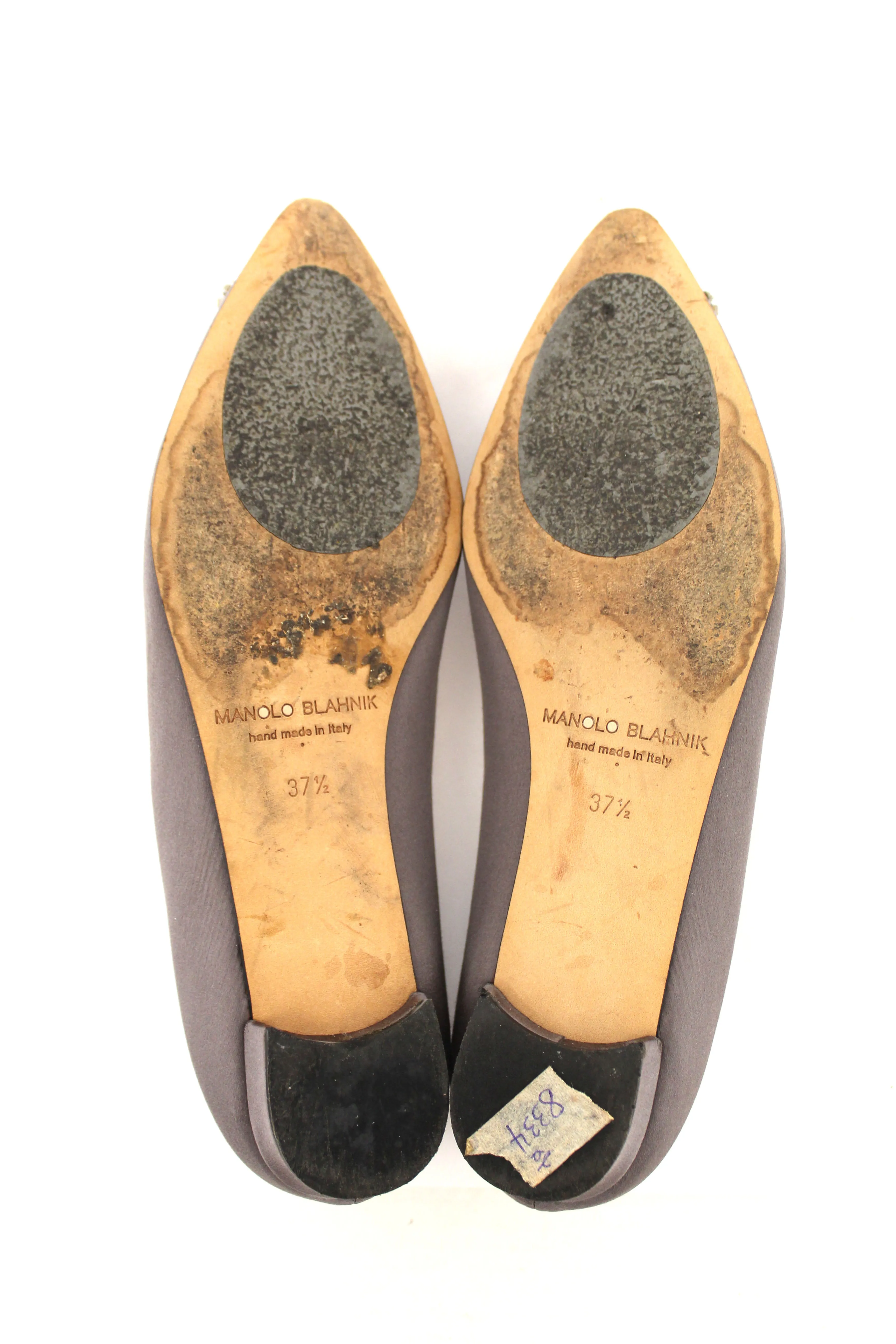 Authentic Manolo Blahnik Silver Satin Crystal Buckle Flats Shoes Size 37.5