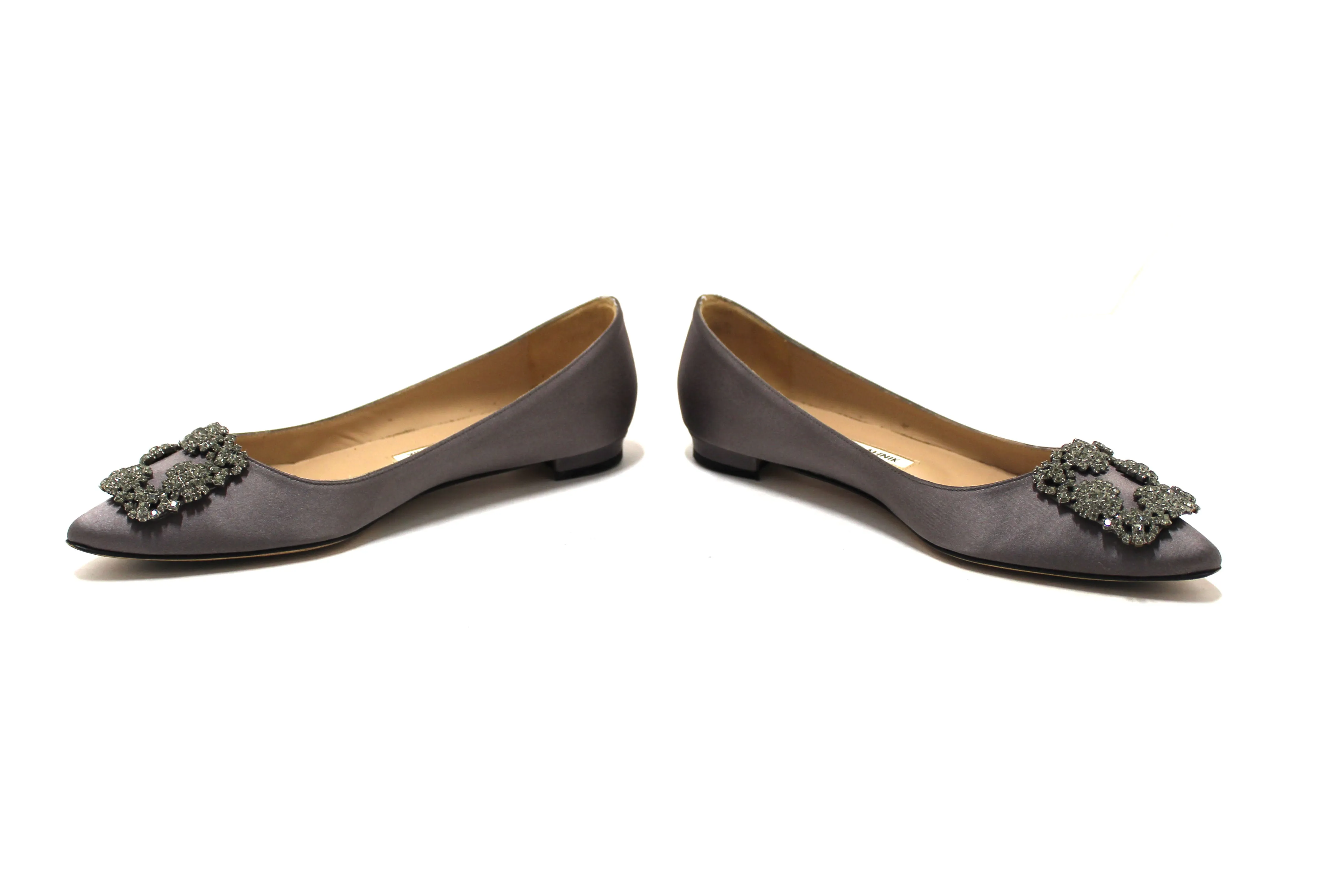 Authentic Manolo Blahnik Silver Satin Crystal Buckle Flats Shoes Size 37.5