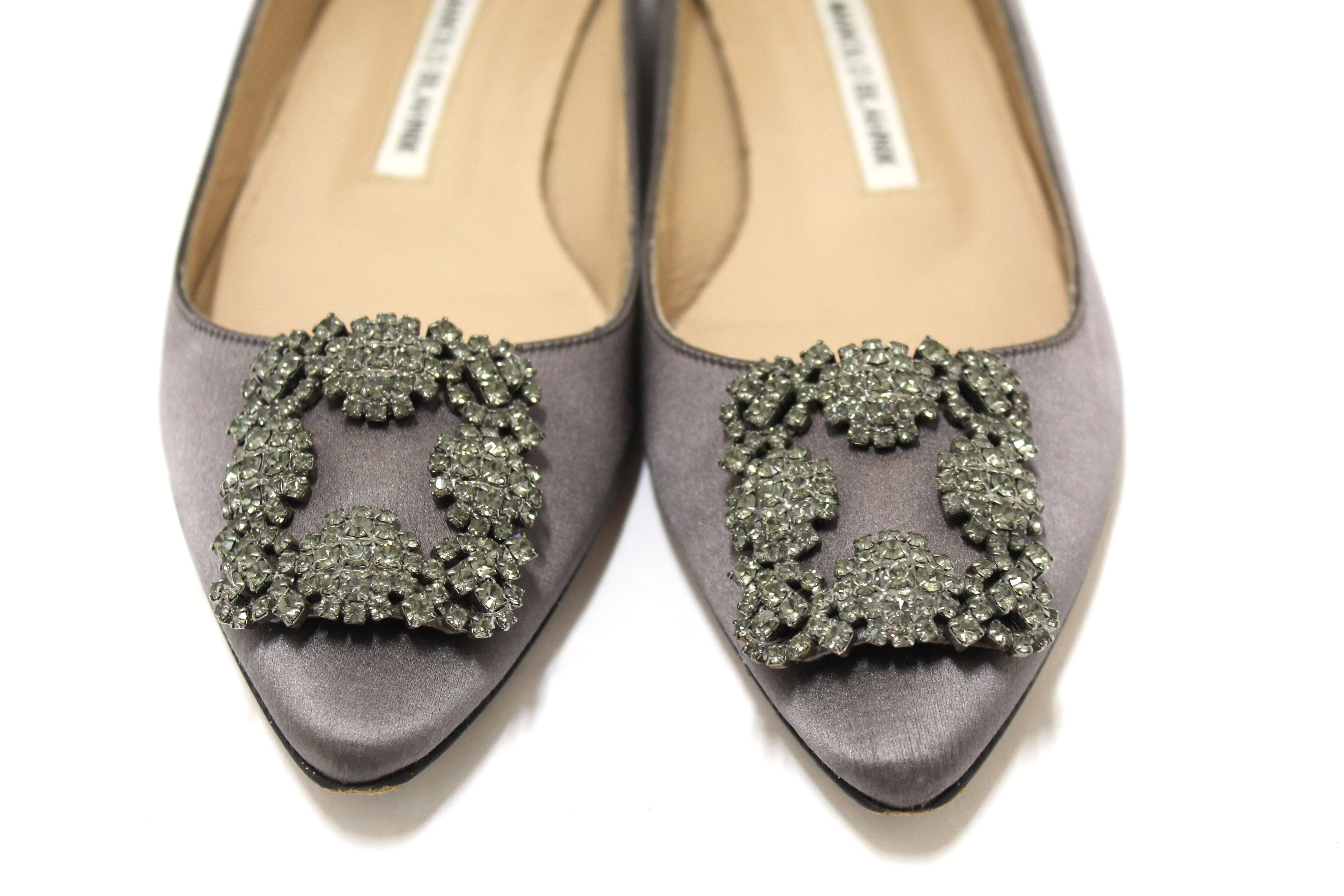 Authentic Manolo Blahnik Silver Satin Crystal Buckle Flats Shoes Size 37.5