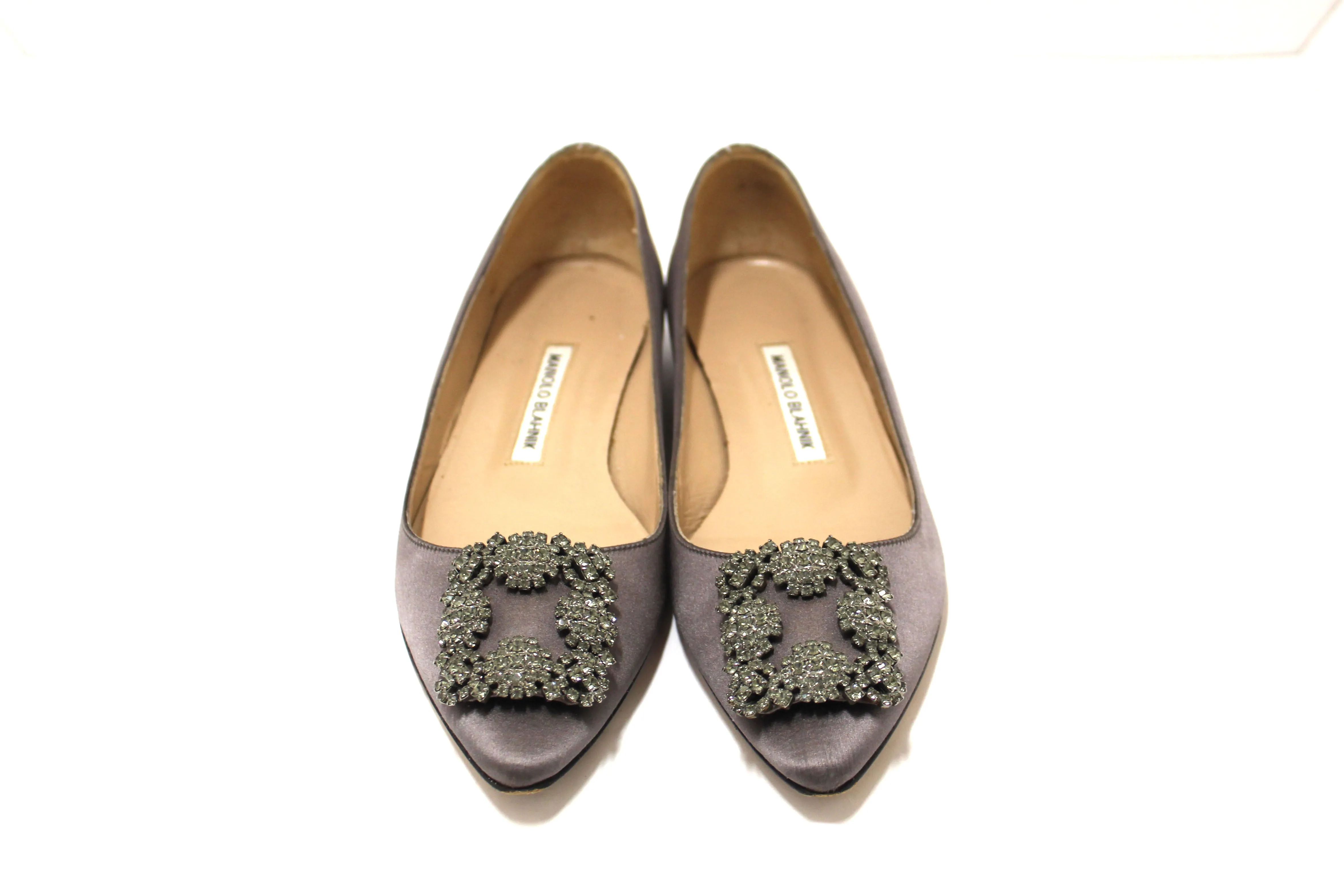 Authentic Manolo Blahnik Silver Satin Crystal Buckle Flats Shoes Size 37.5