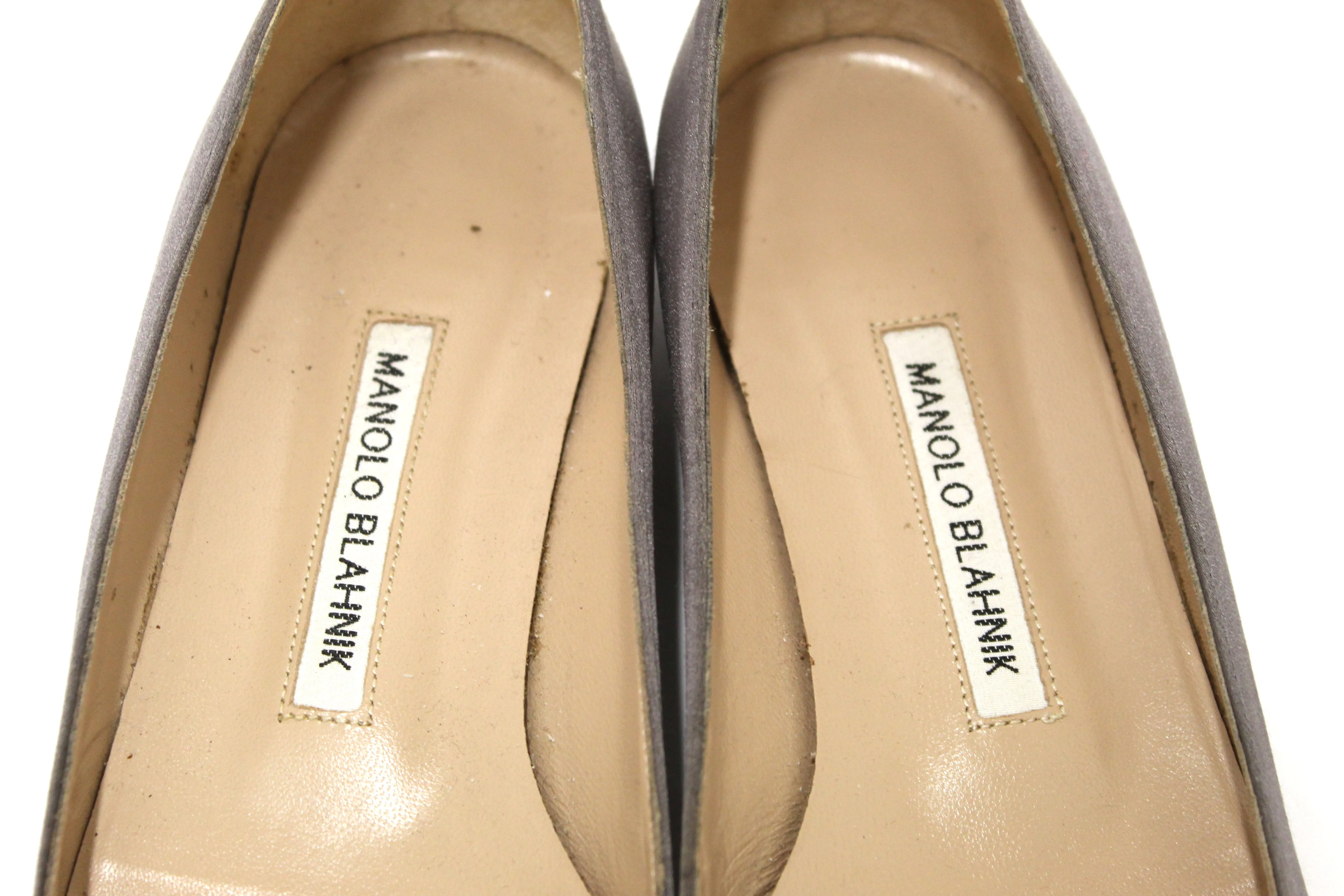 Authentic Manolo Blahnik Silver Satin Crystal Buckle Flats Shoes Size 37.5