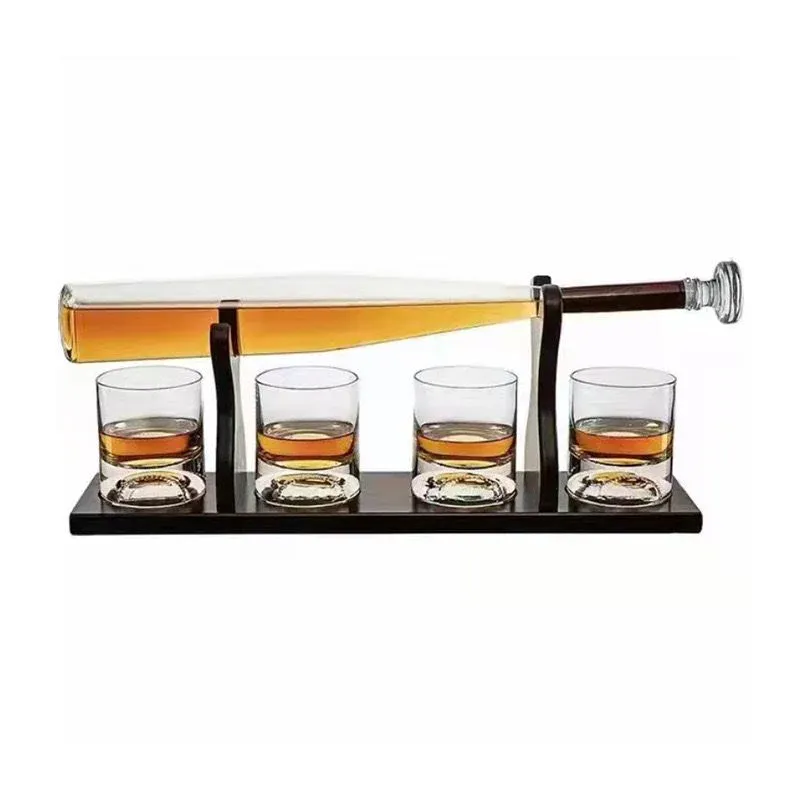 BASEBALL DECANTER   4 GLASSES   WOODEN STAND