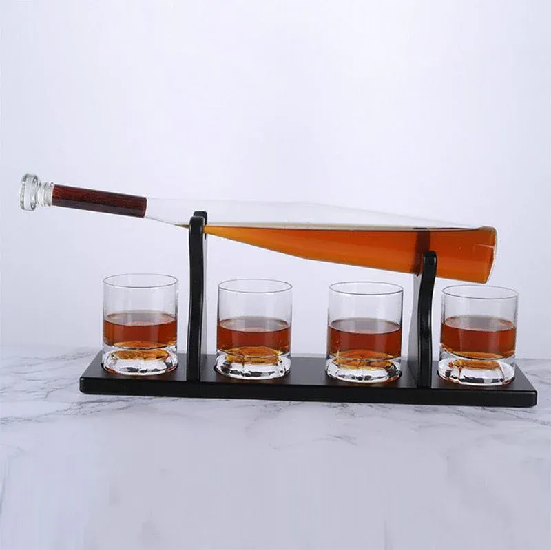 BASEBALL DECANTER   4 GLASSES   WOODEN STAND