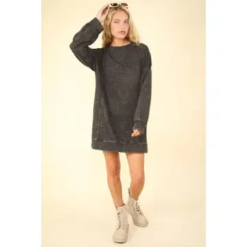 Black Mineral Washed Oversized Knit Sweatshirt Mini Dress