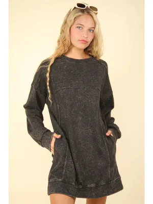 Black Mineral Washed Oversized Knit Sweatshirt Mini Dress