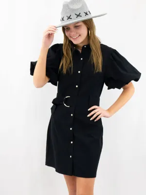 Black Puff Sleeve Belted Concert Dress