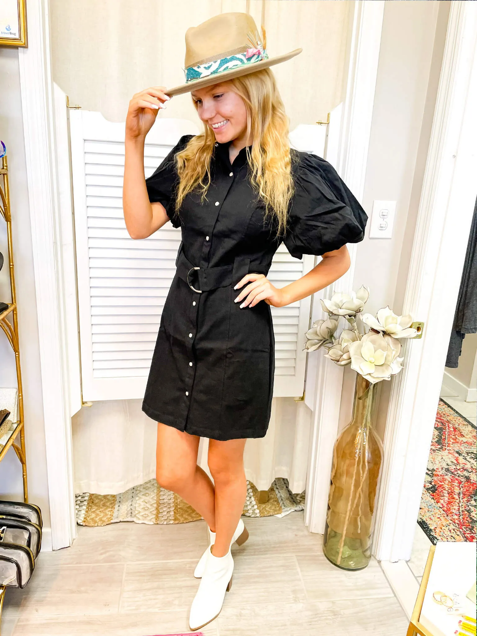Black Puff Sleeve Belted Concert Dress