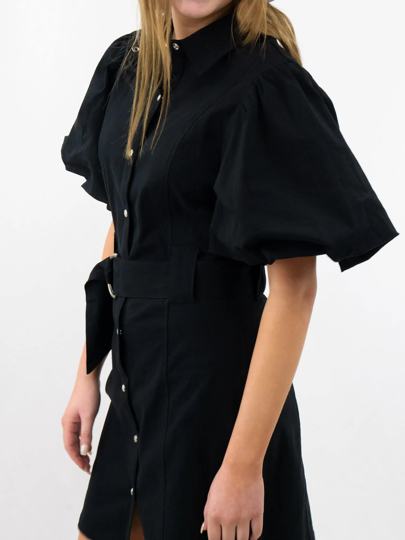 Black Puff Sleeve Belted Concert Dress