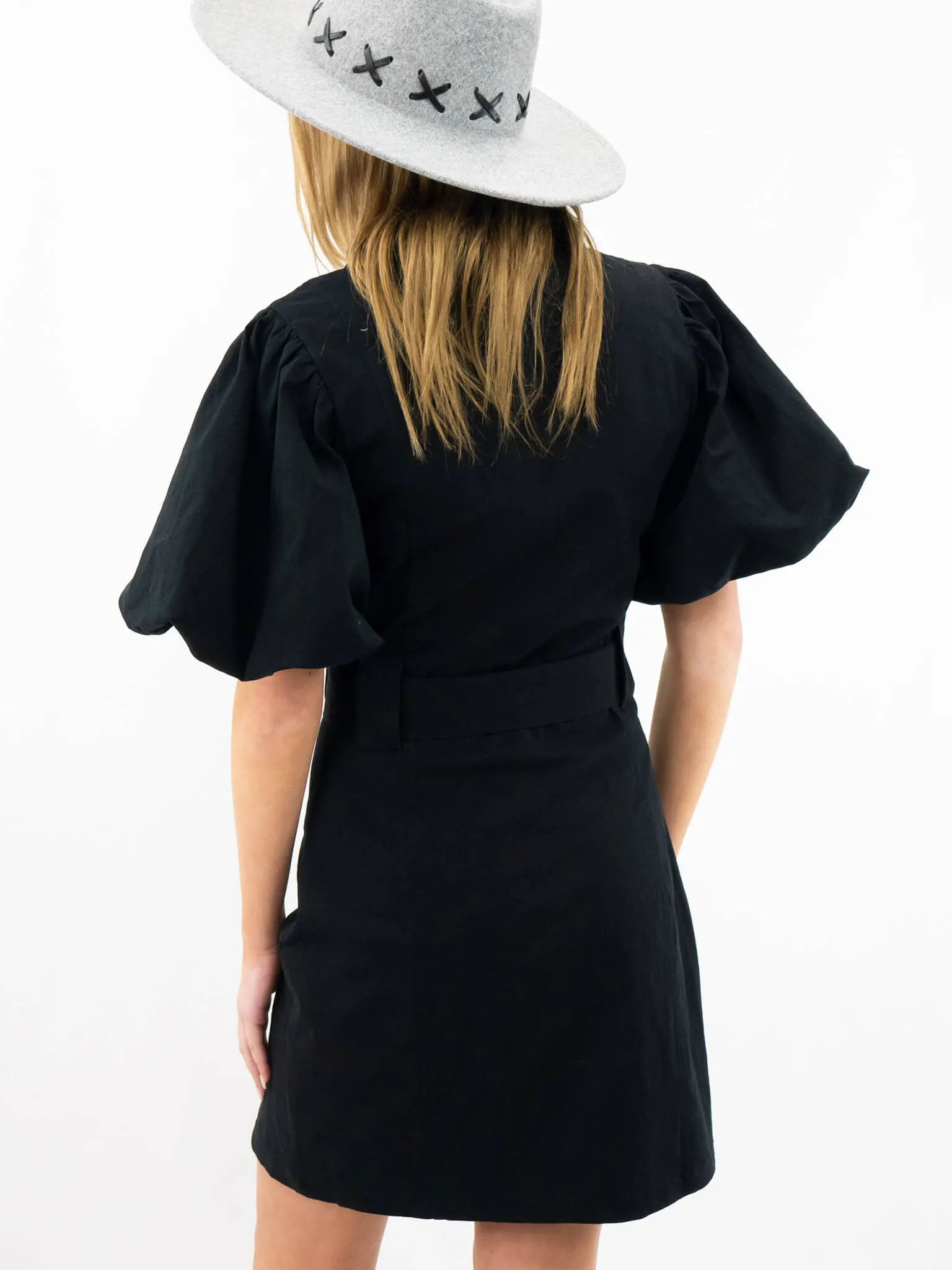 Black Puff Sleeve Belted Concert Dress