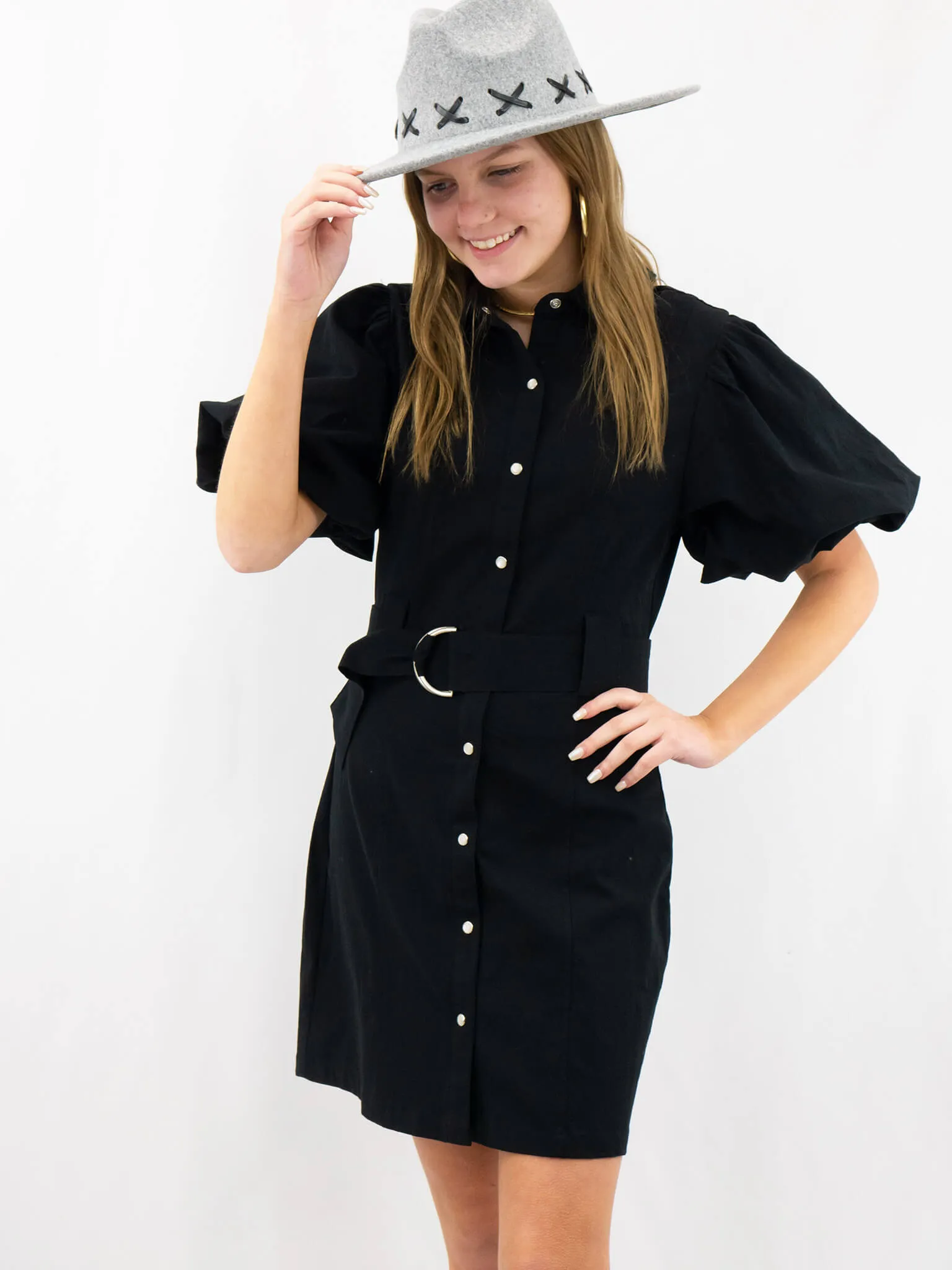 Black Puff Sleeve Belted Concert Dress