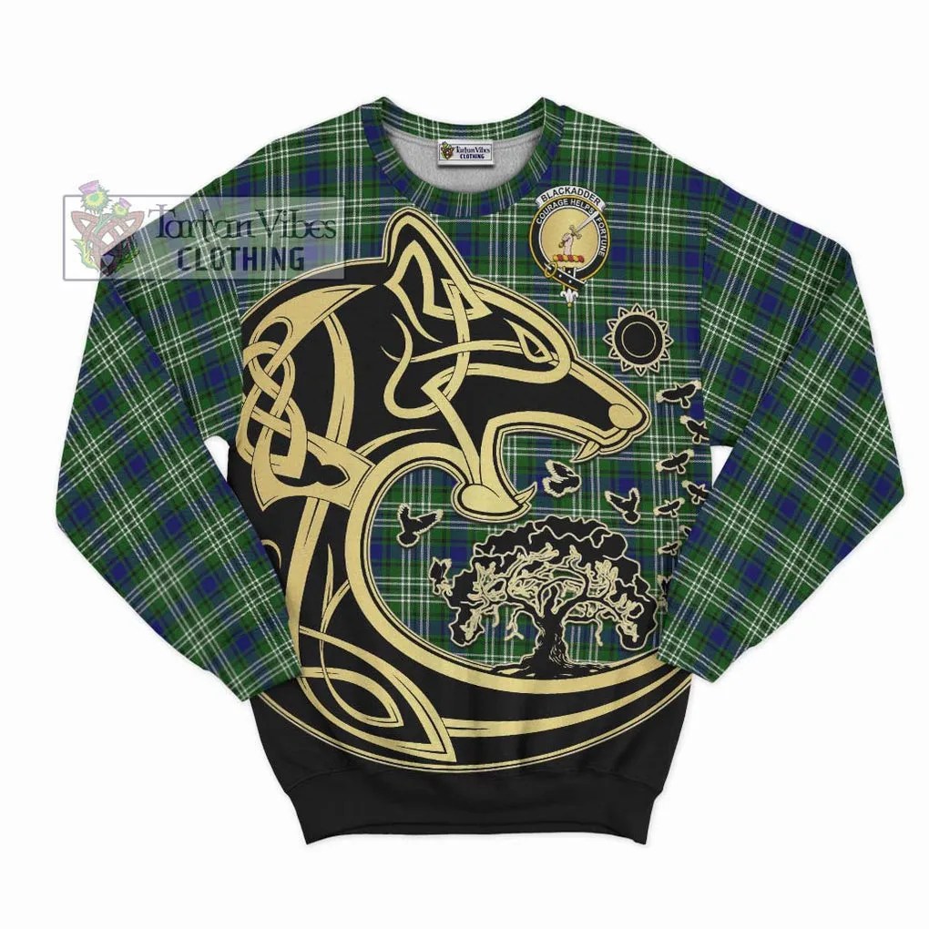 Blackadder Tartan Sweatshirt with Family Crest Celtic Wolf Style