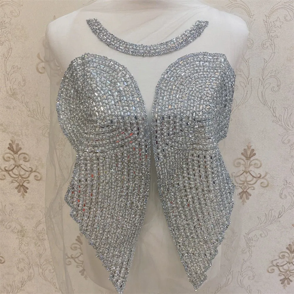 Bridal Wedding Party Rhinestone Crystal Beaded Sequin Glitter Full Body Sew On Patch Trim Applique / 35 COLOR DESIGNS