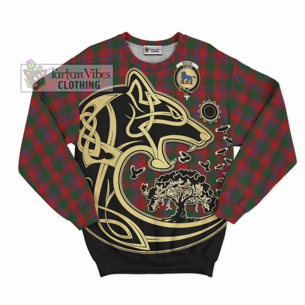 Bruce Old Tartan Sweatshirt with Family Crest Celtic Wolf Style