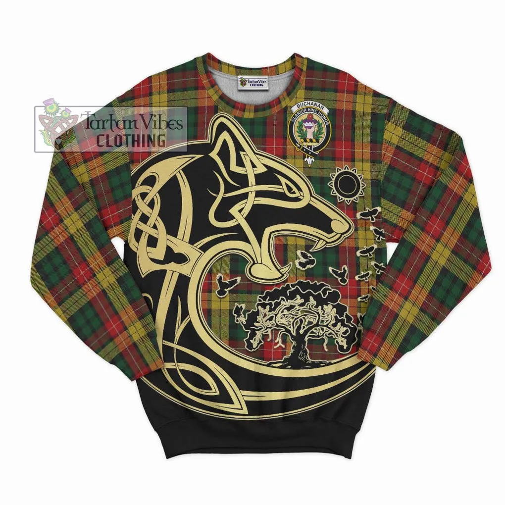 Buchanan Tartan Sweatshirt with Family Crest Celtic Wolf Style
