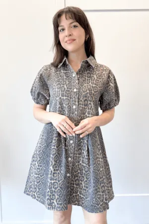 Button Up Leopard Denim Dress