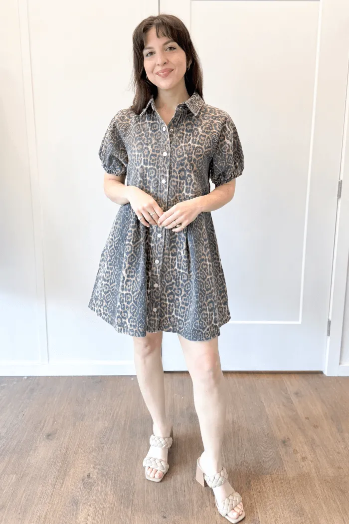 Button Up Leopard Denim Dress
