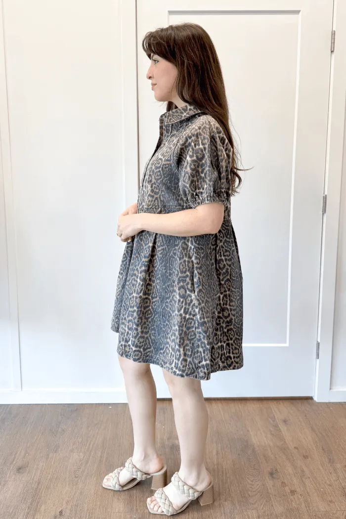 Button Up Leopard Denim Dress