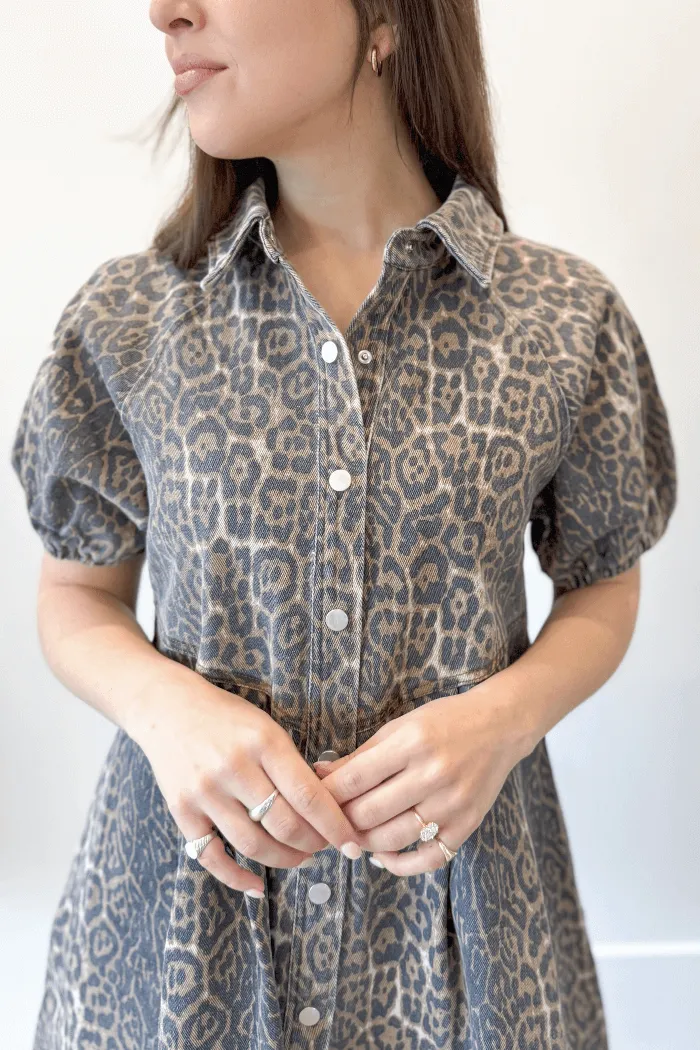 Button Up Leopard Denim Dress