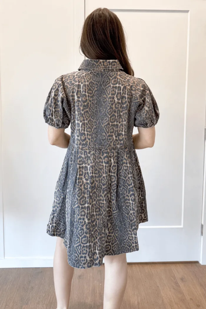 Button Up Leopard Denim Dress
