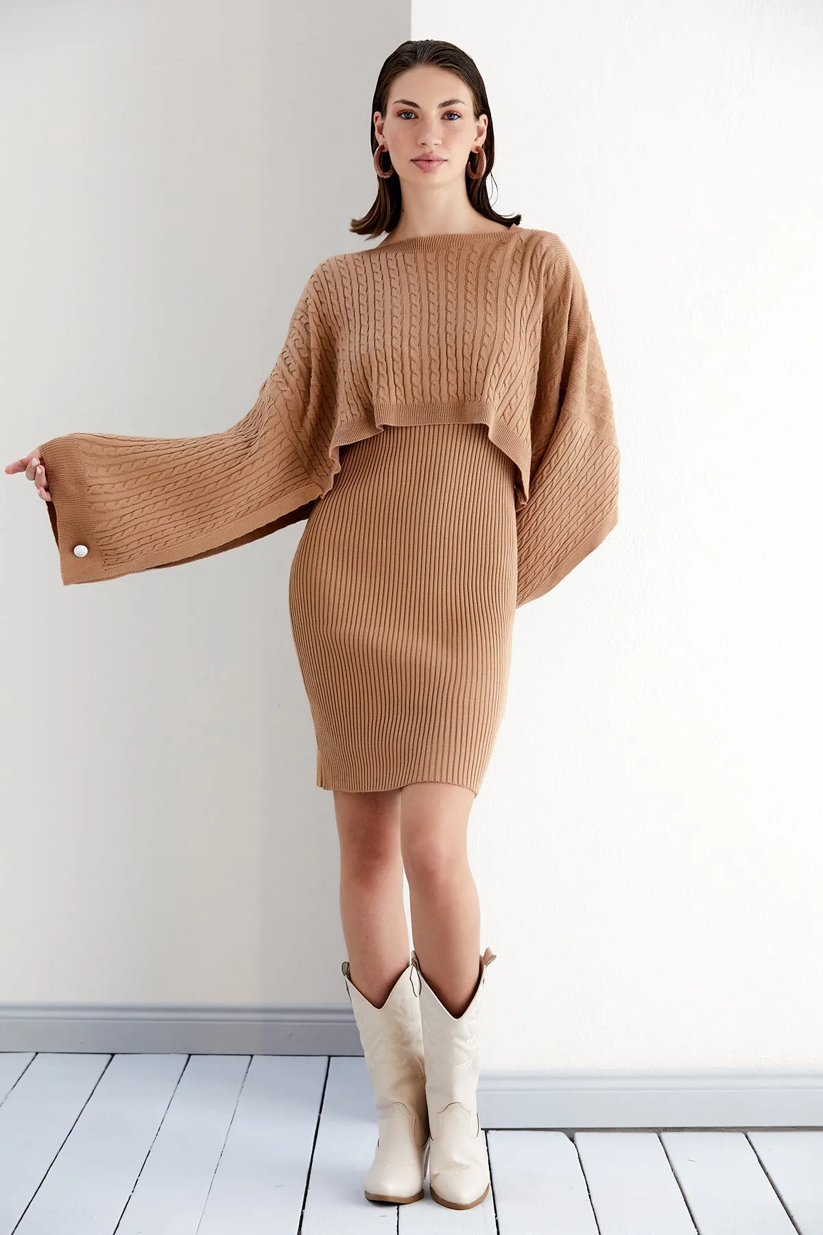 Camel Midi Dress with Oversized Crop Bolero