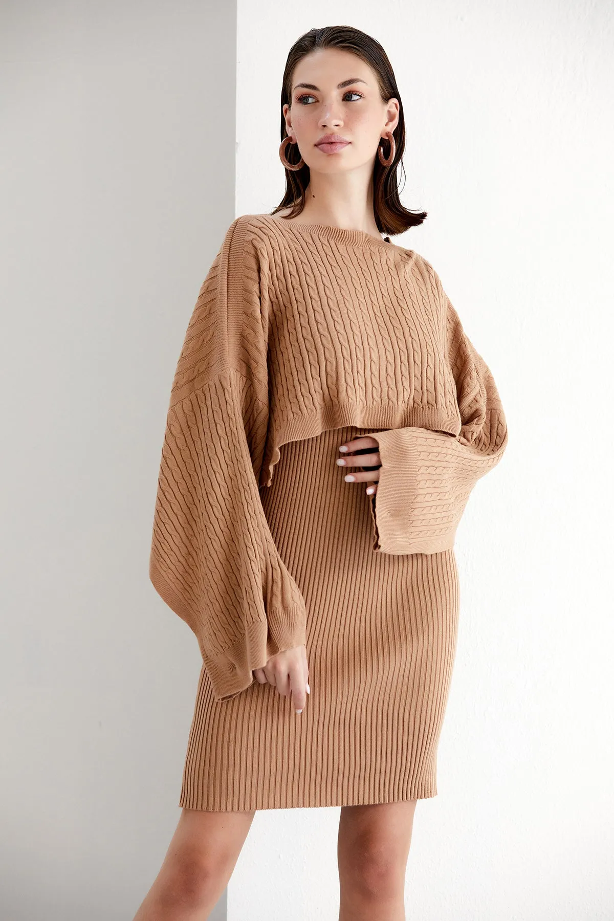 Camel Midi Dress with Oversized Crop Bolero