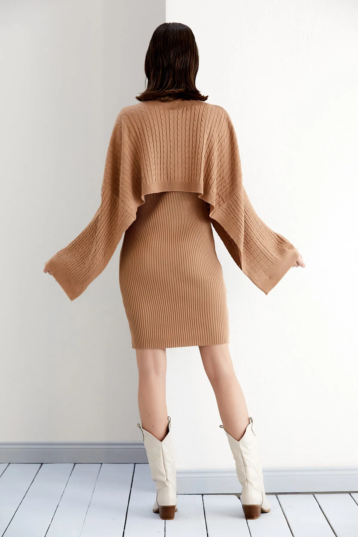 Camel Midi Dress with Oversized Crop Bolero