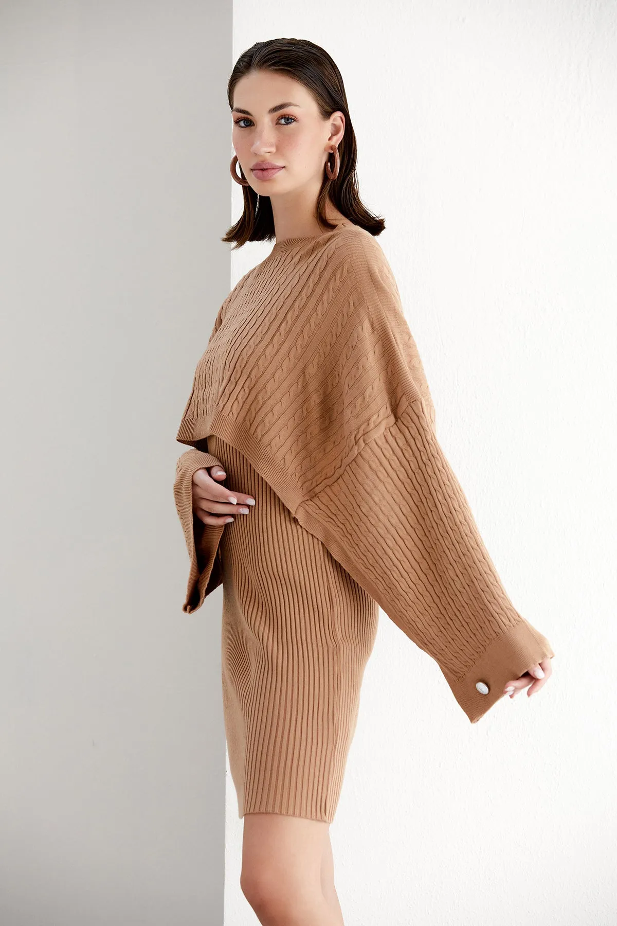 Camel Midi Dress with Oversized Crop Bolero
