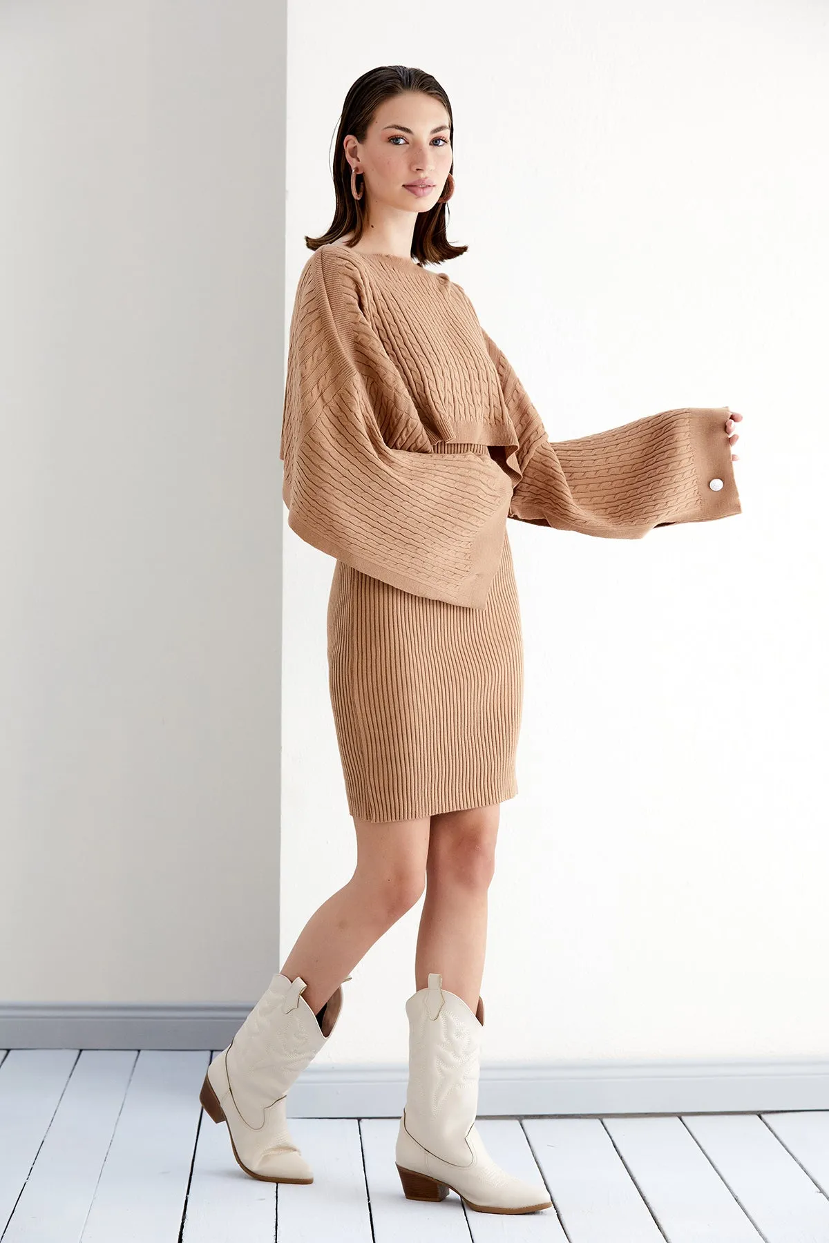 Camel Midi Dress with Oversized Crop Bolero