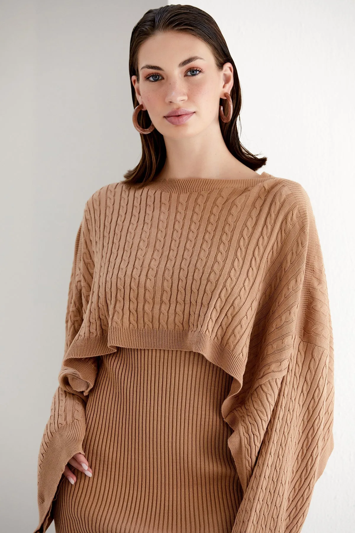 Camel Midi Dress with Oversized Crop Bolero