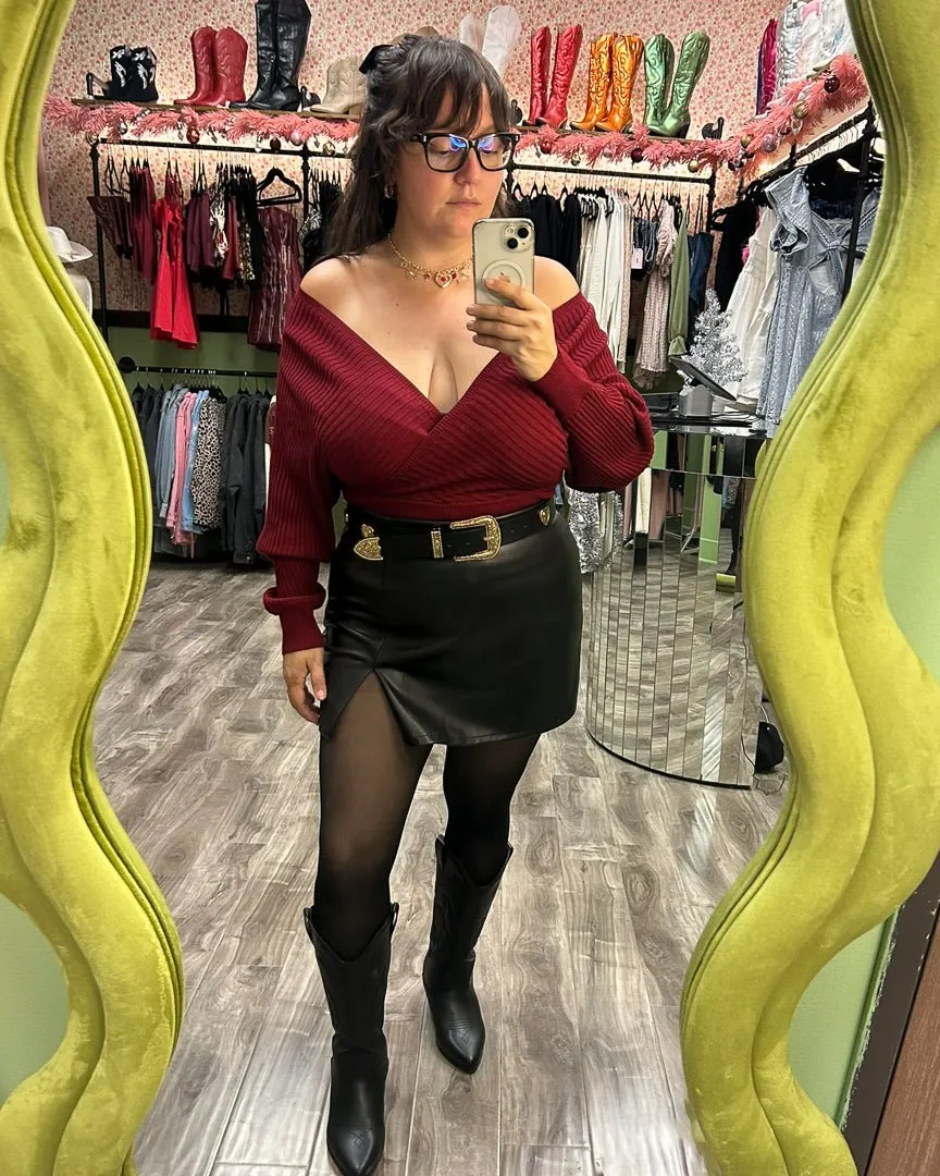 Cheyenne Wine Red Off Shoulder Surplice Ribbed Sweater Top