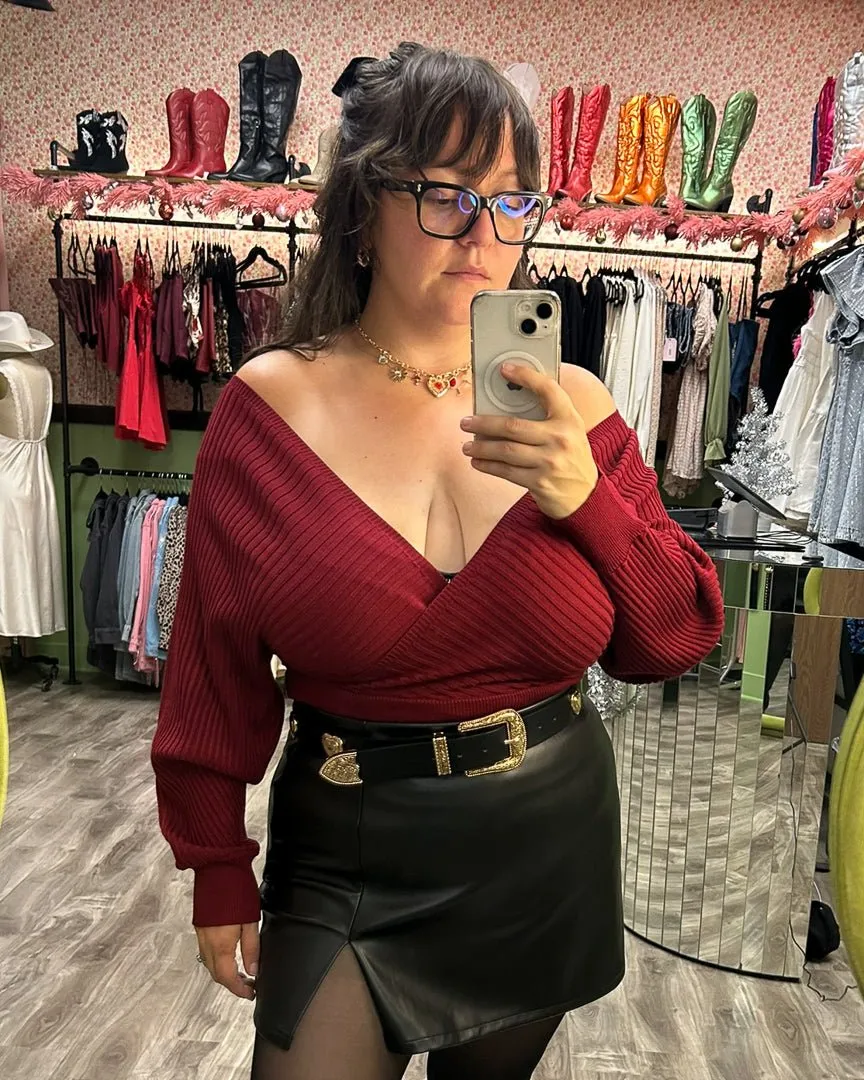 Cheyenne Wine Red Off Shoulder Surplice Ribbed Sweater Top