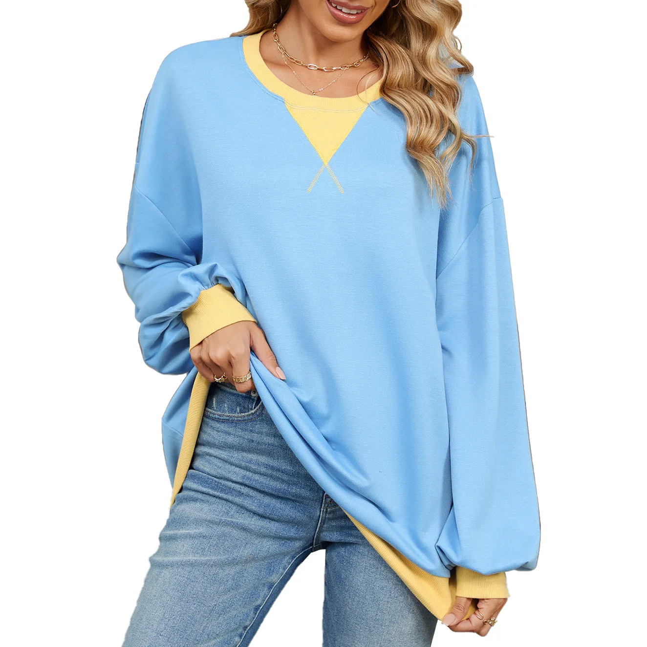 Contrasting Color Round Neck Loose Long-sleeved Sweater