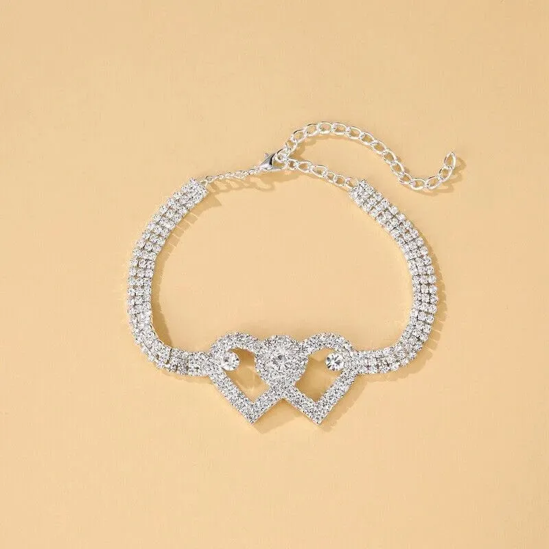 Double Heart Anklet Bracelet Love Barefoot Chain Bling Crystal Ankle Bracelet US