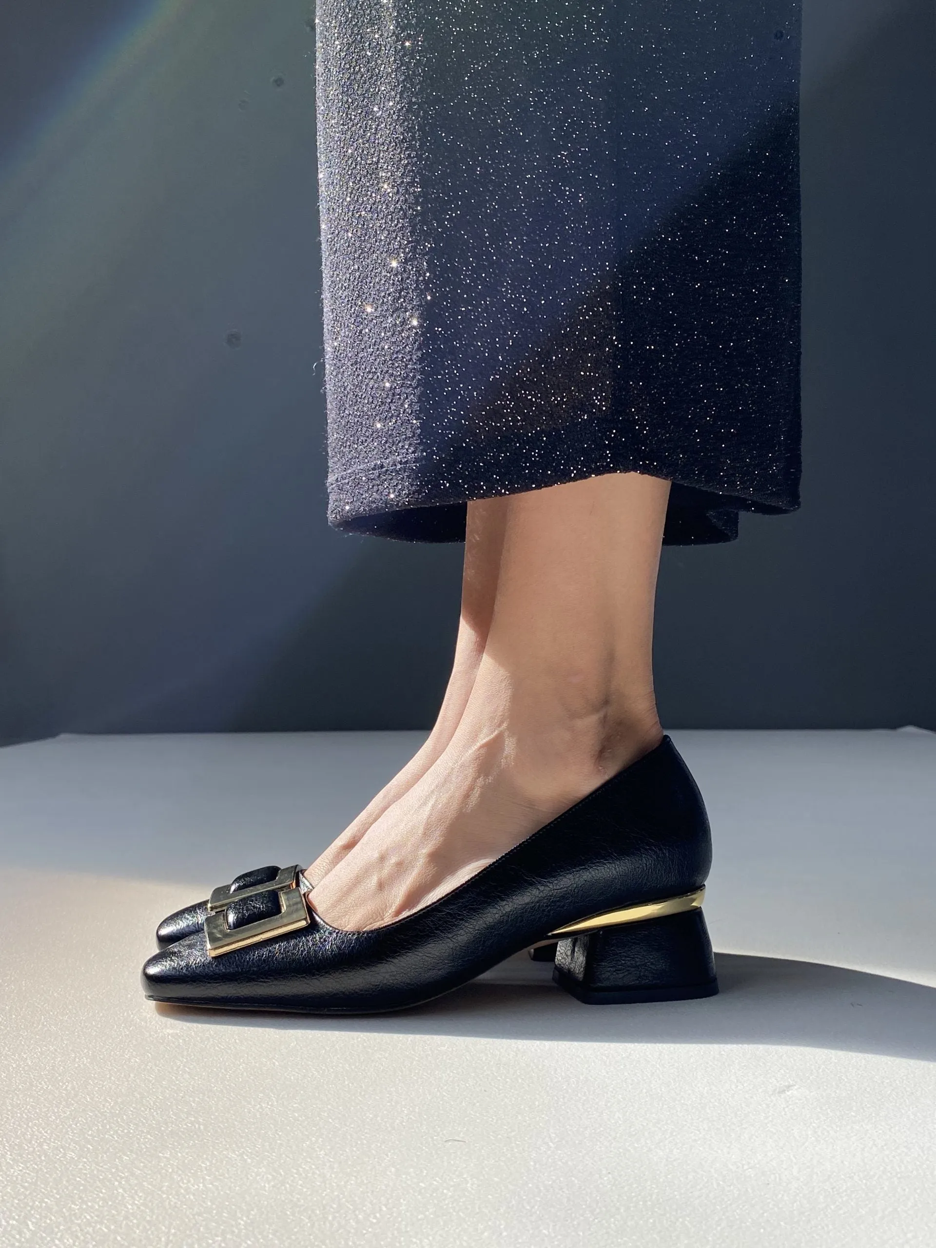 DSM snope square-toe 4 cm high-heeled black leather women's shoe - Las Delicias