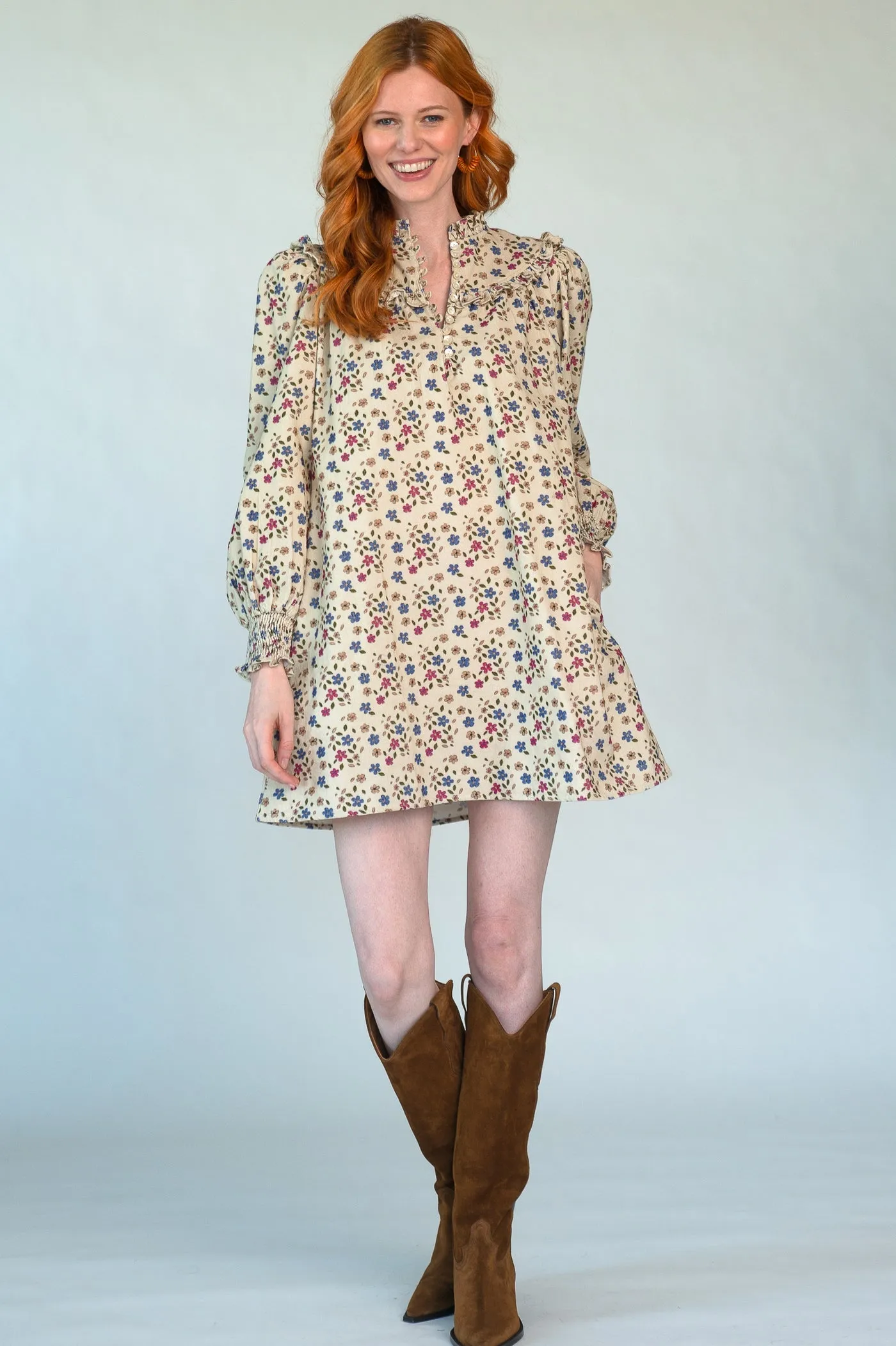 Ella Dress in Ditsy Ivory Cord