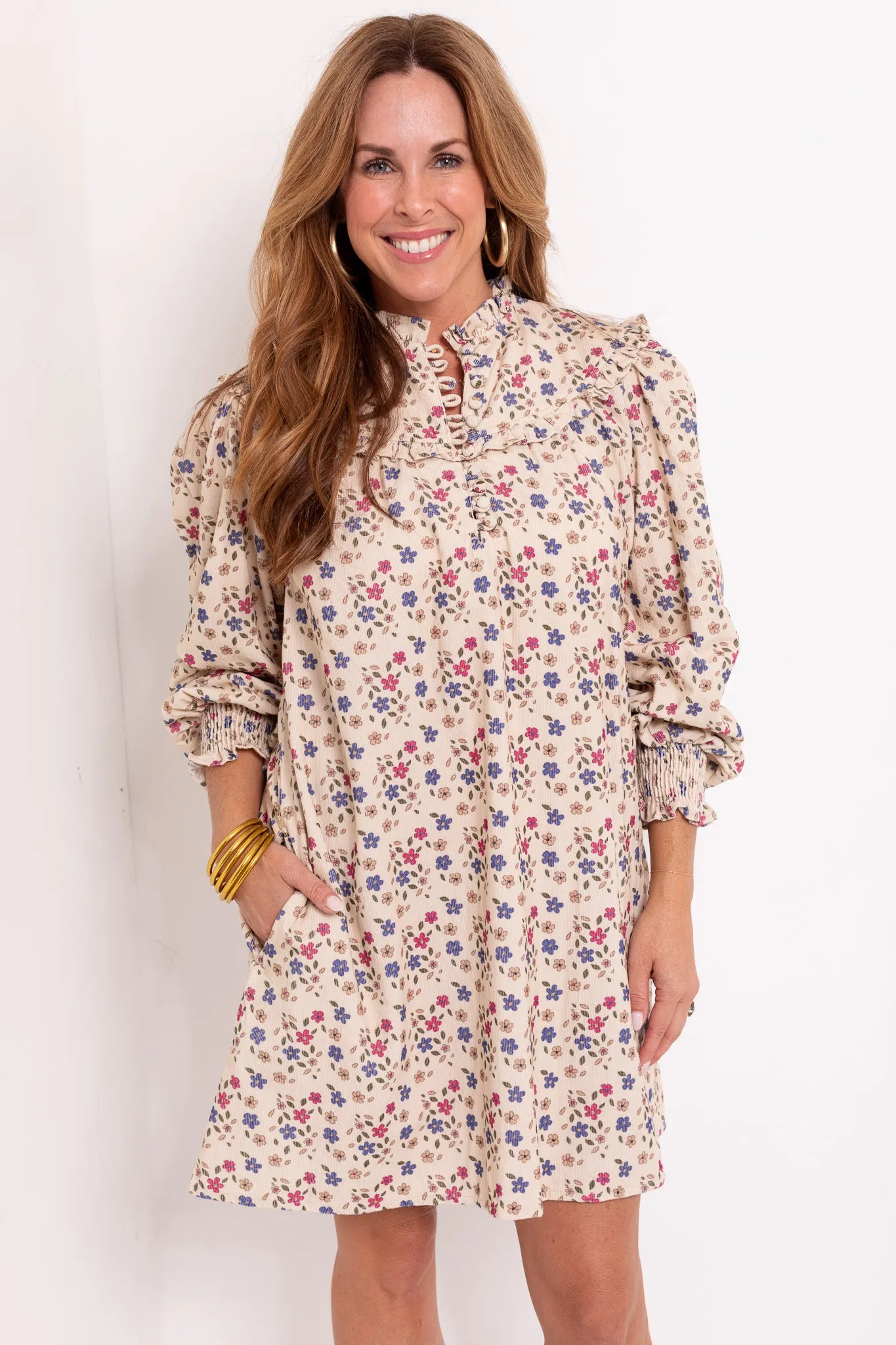Ella Dress in Ditsy Ivory Cord