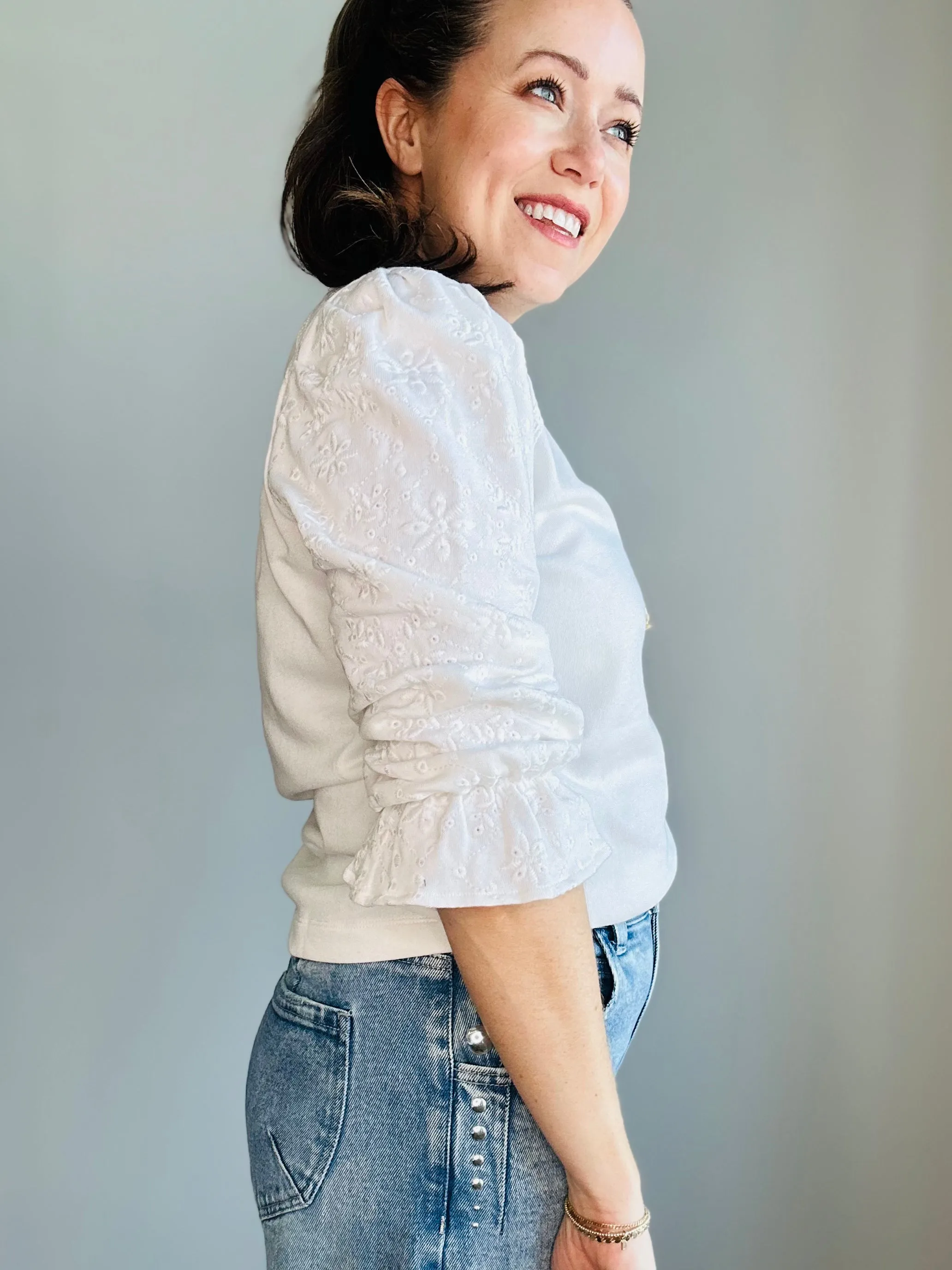 Eyelet Puff-Sleeve Sweatshirt