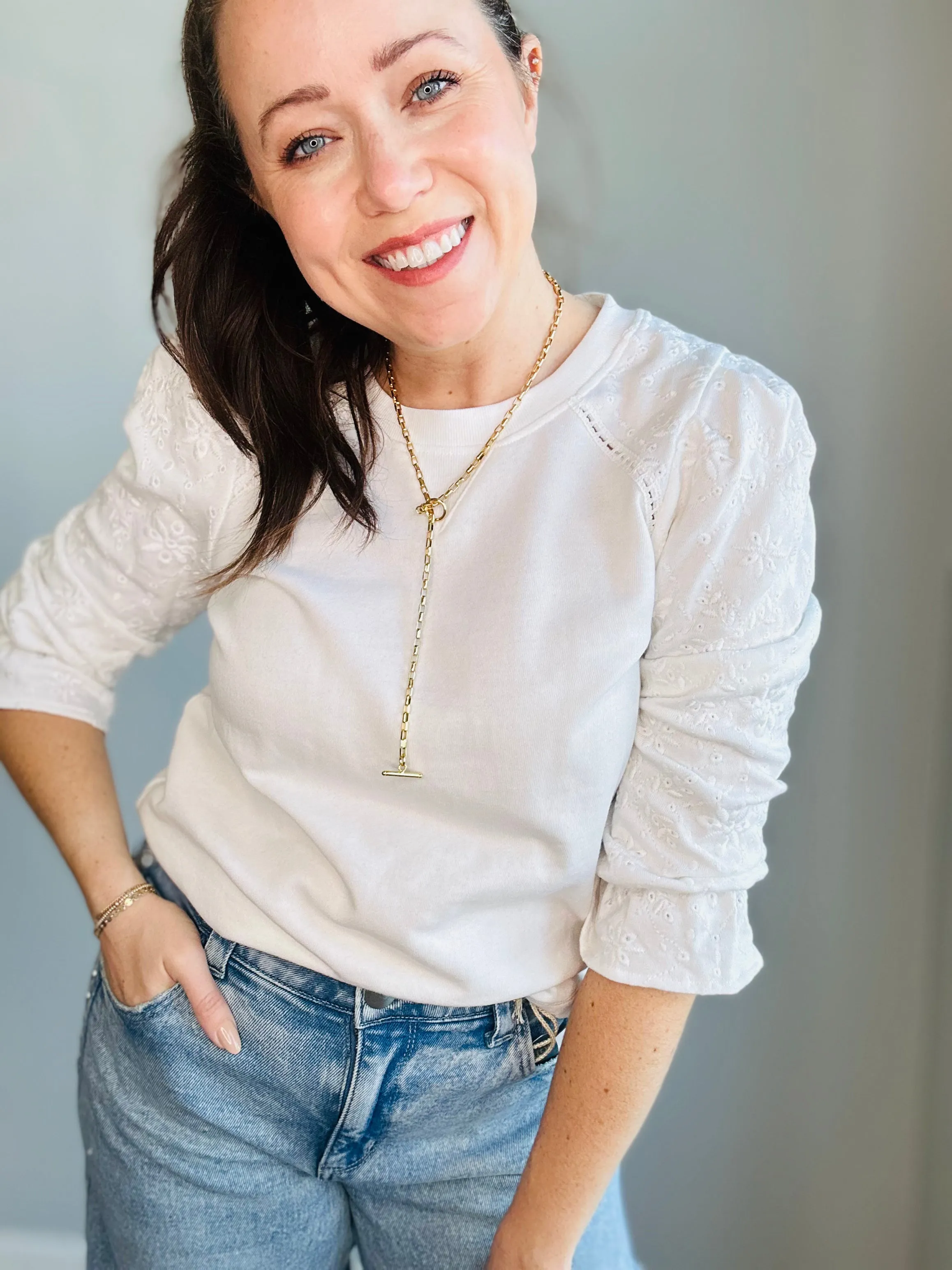 Eyelet Puff-Sleeve Sweatshirt
