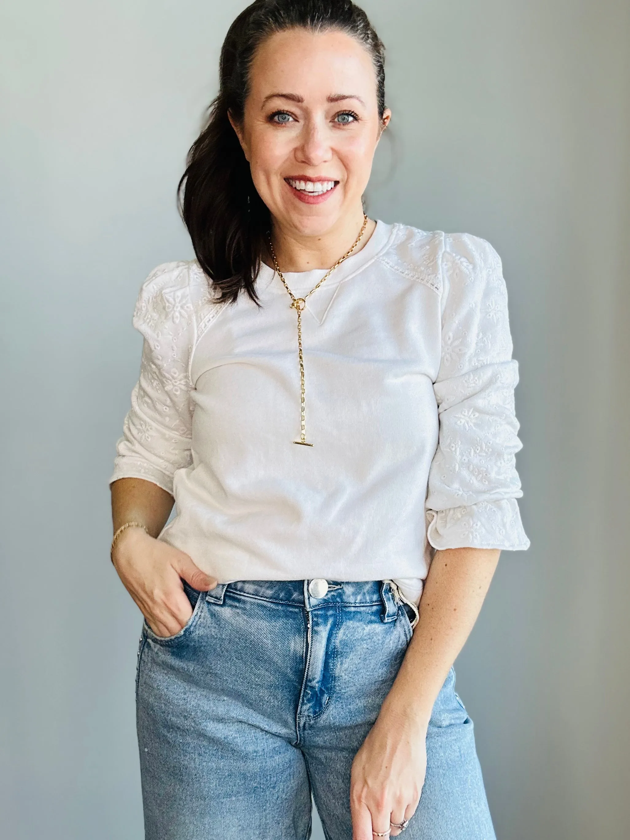 Eyelet Puff-Sleeve Sweatshirt