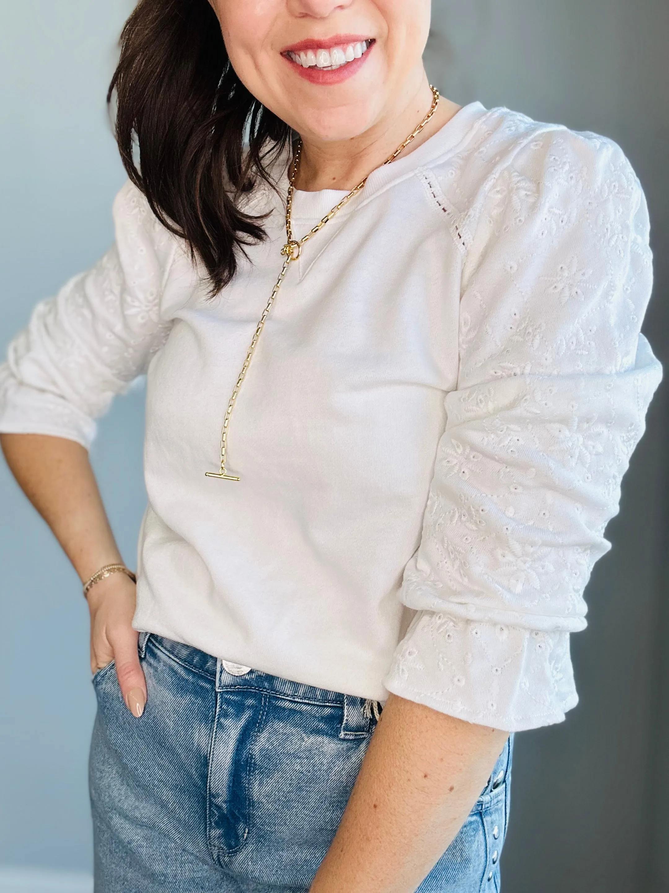 Eyelet Puff-Sleeve Sweatshirt