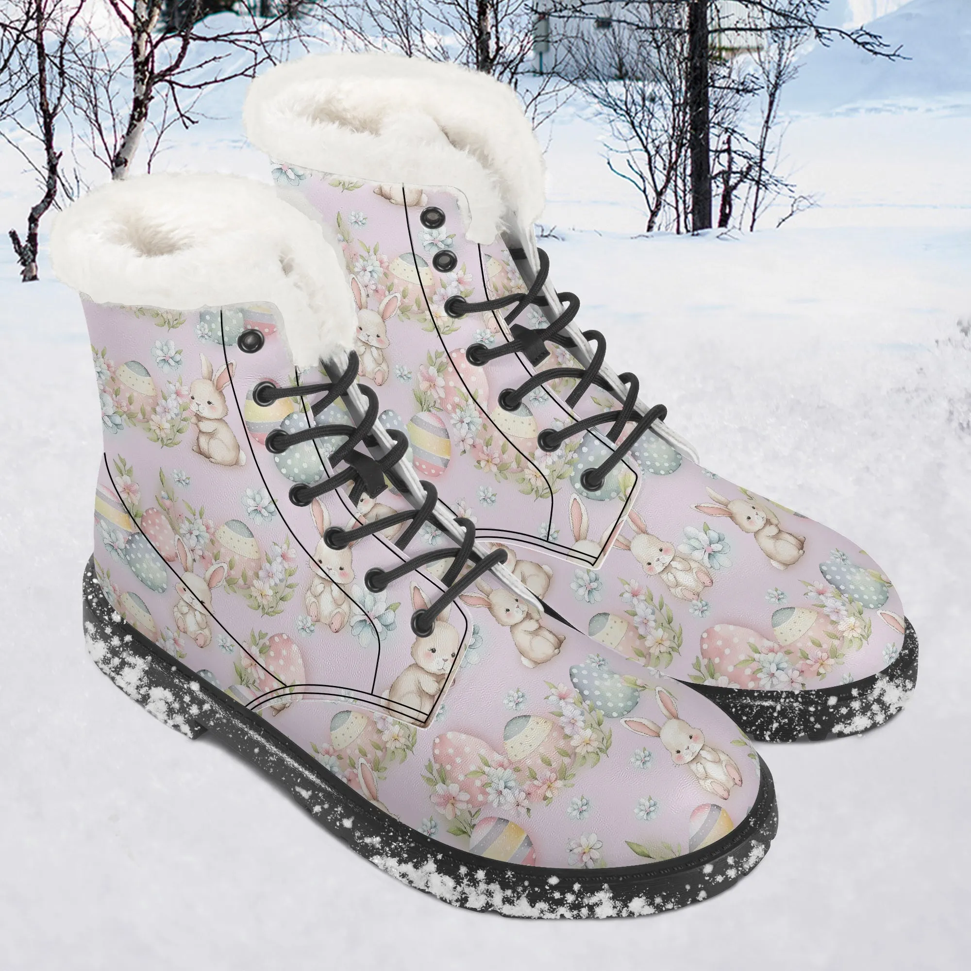 Faux Fur Leather Boots Cute Easter Print Lilac