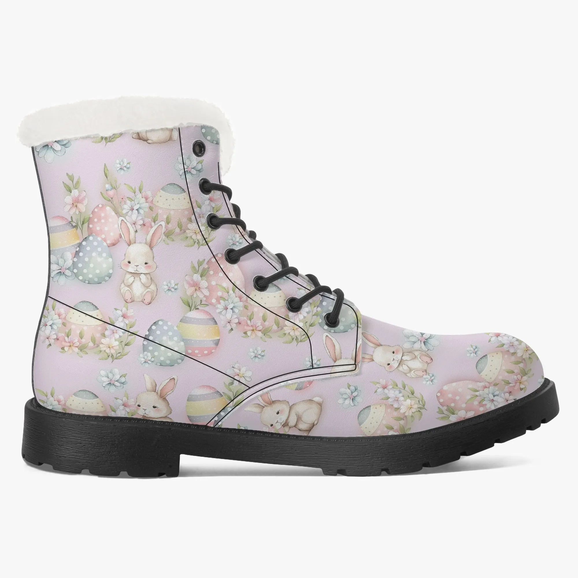 Faux Fur Leather Boots Cute Easter Print Lilac